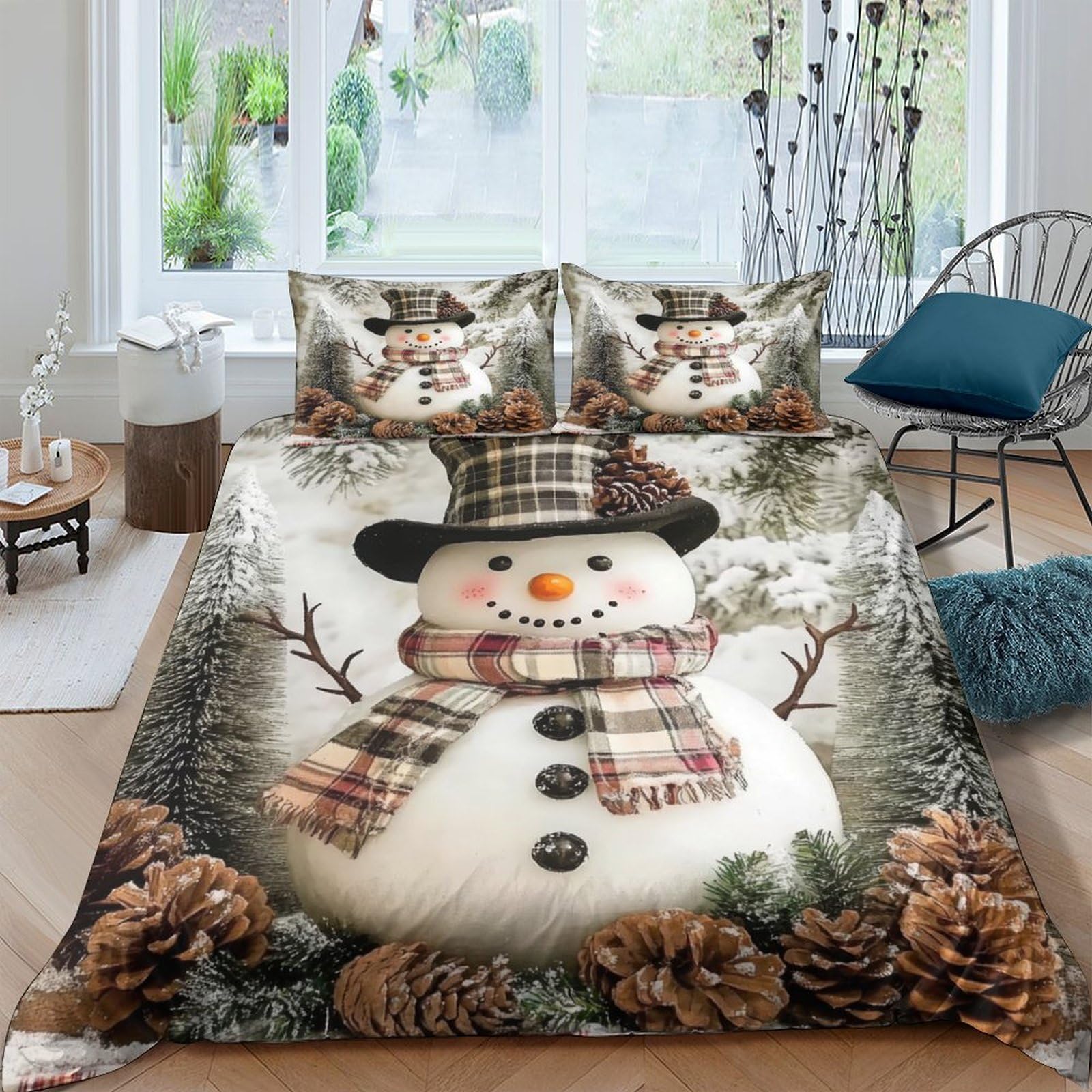 Ctjqhvkz Style-5 3D Printed Snowman Pine Cone Fitted Sheet Microfiber Soft Winter Forest Bed Cover For Bedroom Guestroom Decor Single（135X200cm）