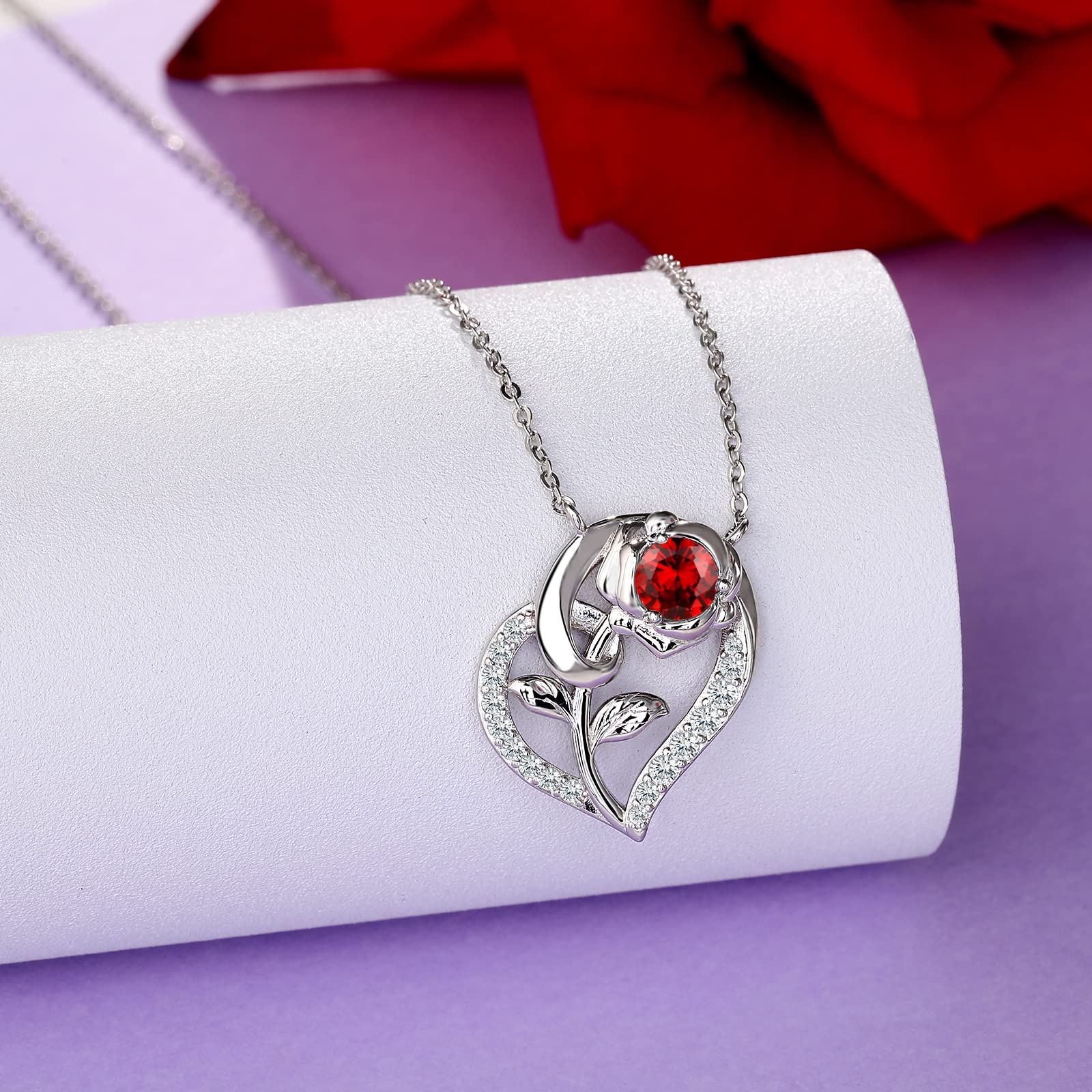 Qings Collana Donna Cuore Rosa Fiore Argento 925 Collana Ciondolo Pietra Portafortuna con Zirconi Romantico Compleanno San Valentino Regali di Natale Gioielli per la Fidanzata Moglie