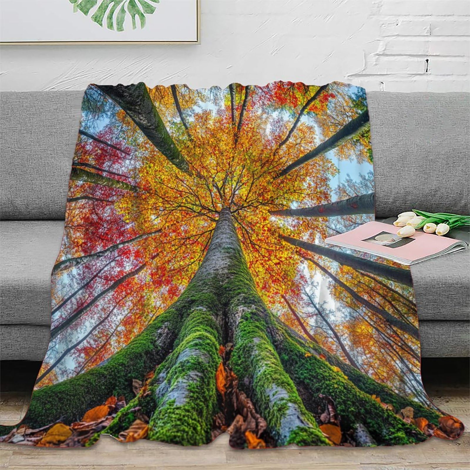 Foresta autunnale Manta Estampada 3D Alberi alti Colcha De Diseño Ropa De Cama De Microfibra Suave Y Cálida Sofá Ropa De Cama 80x90inch(200x230cm)