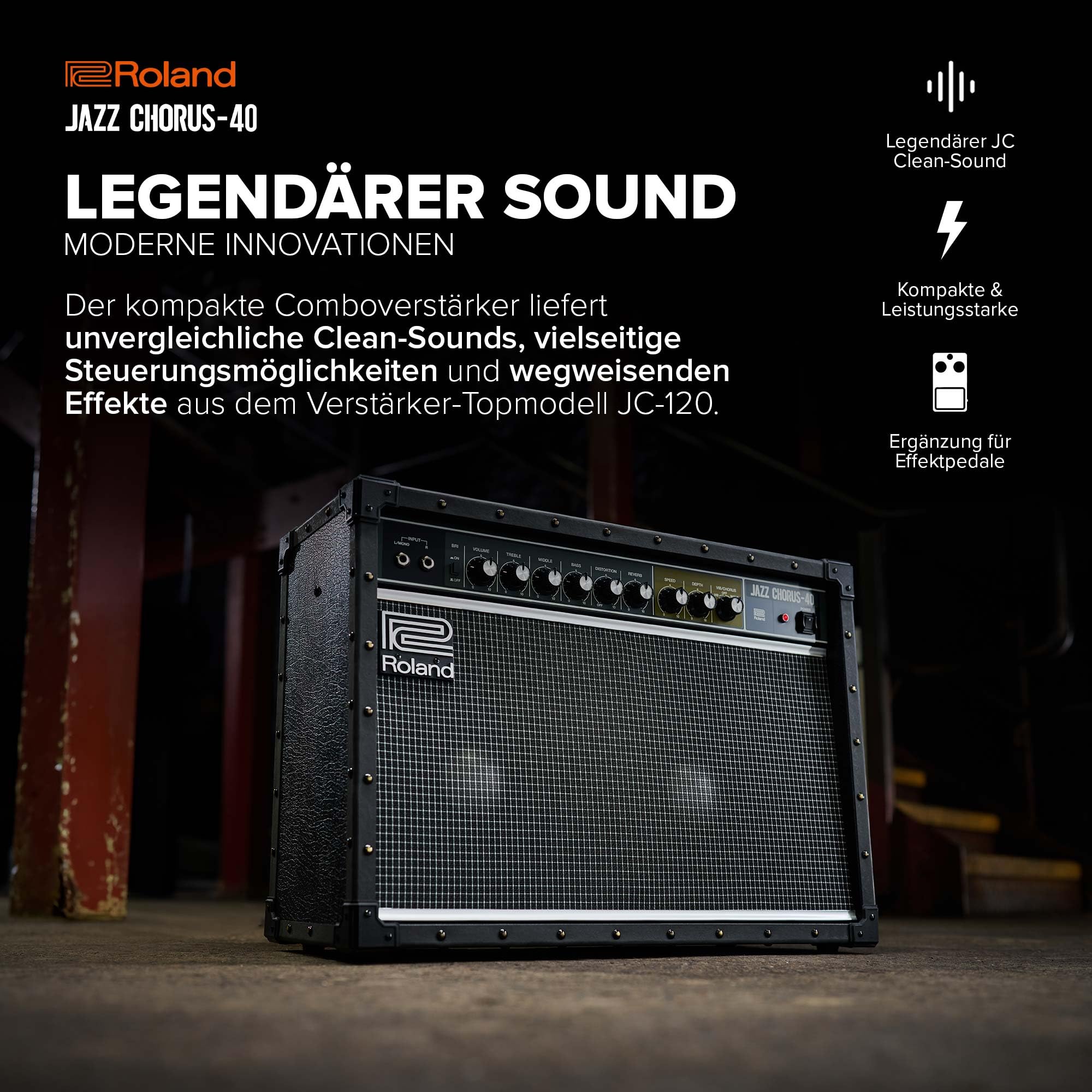 Roland JC-40 Jazz Chorus | Kompakter Gitarrenverstärker | Legendärer JC Clean-Sound | Einzigartiger Dimensional Space Chorus Effekt | Leistungsstarker 40 Watt Stereoverstärker | Zwei 10” Lautsprecher
