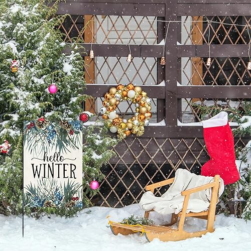 Miniatura 5 de EKOREST Banderas verticales de jardín de 12 x 18 pulgadas con texto en inglés Hello Winter de doble cara, ramitas de pino para exteriores,