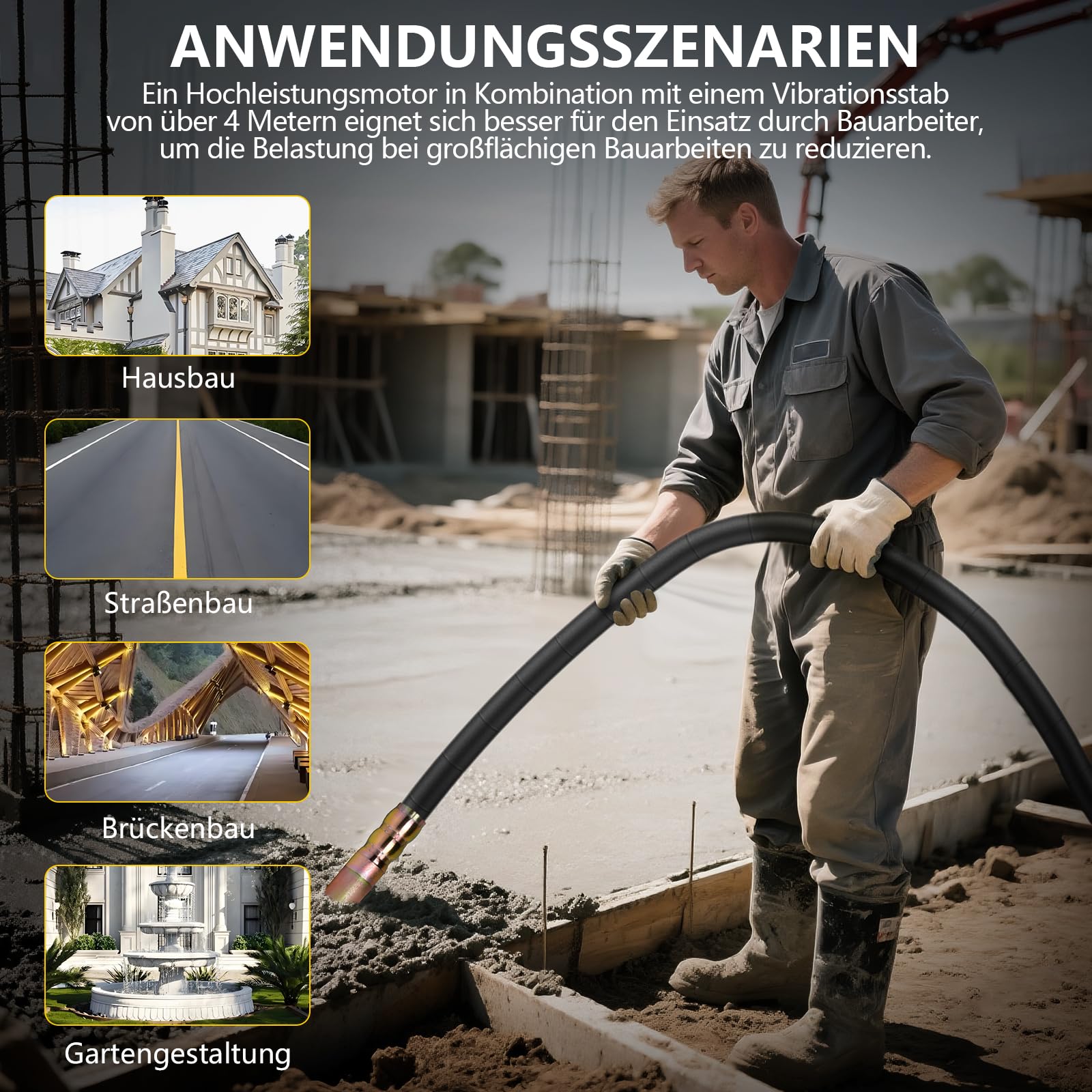 3200W Betonrüttler mit 4m SCHLAUCHLÄNGE, 35 mm Flaschenrüttler | 6800 U/min Elektrisch Betonverdichter mit BetonStoßfester Rahmen, Beton Rüttelflasche für Fundamente, Säulen und Bodenplatten