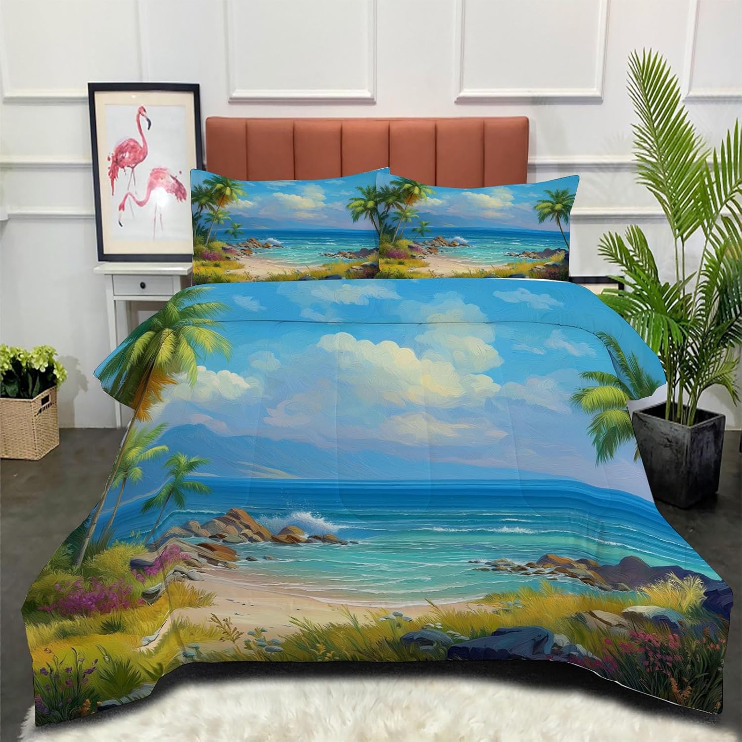 3D Rocky Beach Comforter Set Queen Size Bedding Set Beach Oil Painting All Season Down Comforter Printed Quilted with 2 Pillow Shams for Kids, Teens, Adults 90 x 90in Azure