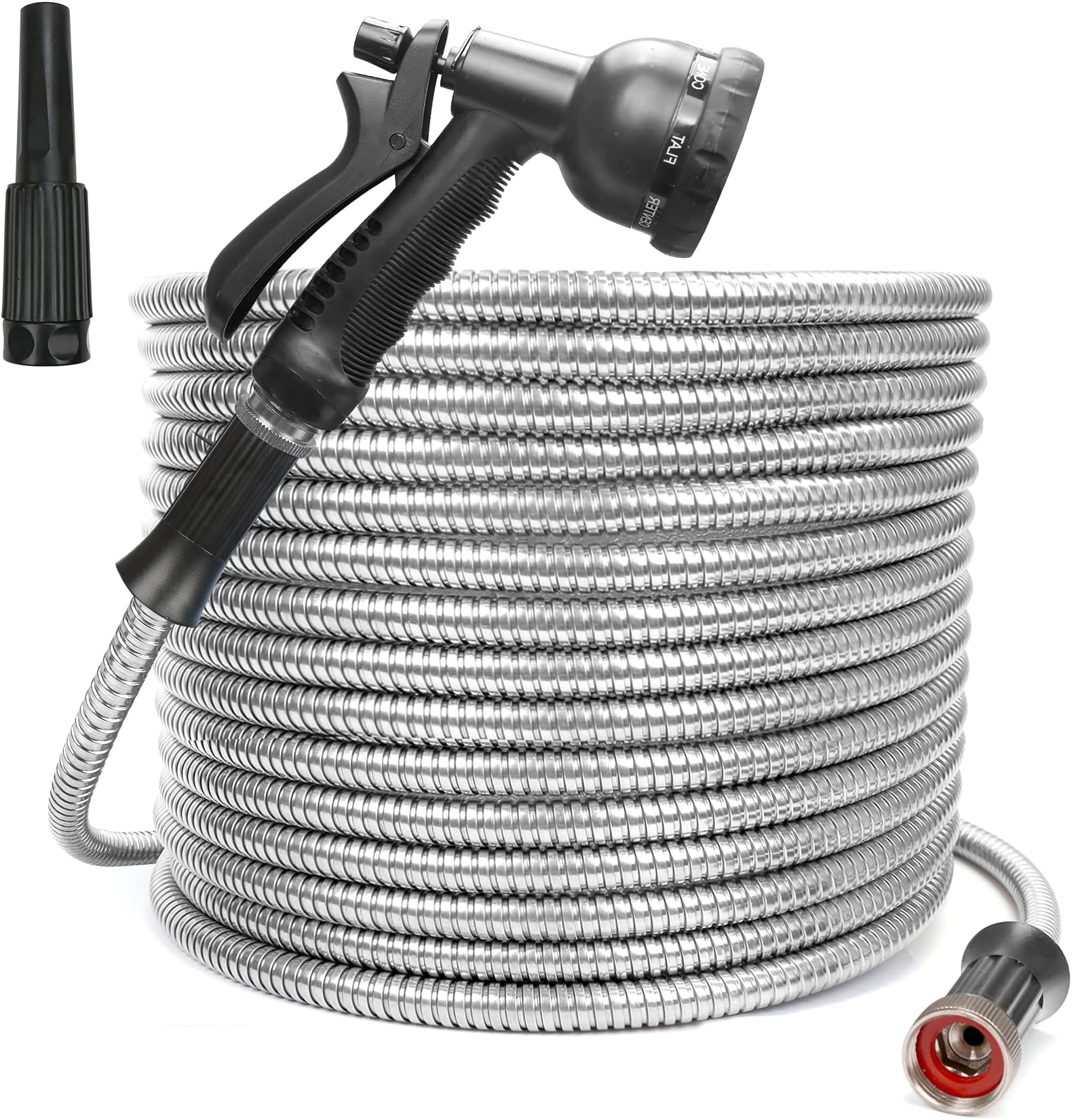FlantorGarden Hose 304 Stainless Steel Water Hose, 25ft Heavy Duty Metal Garden Hose Expandable Leak and Fray Resistant Design Garden Hose with 8-Pattern Spray Nozzle Collapsible Hose (25ft)