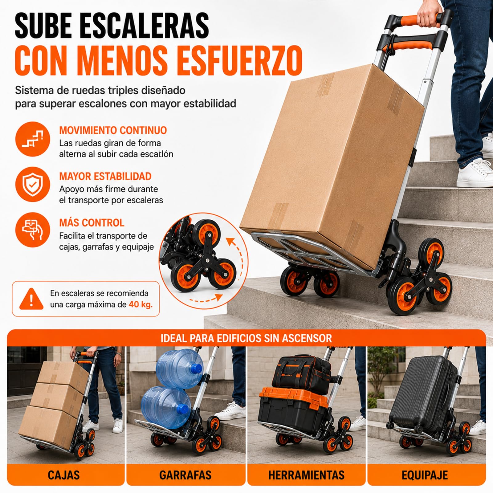 Carro Plegable para Subir escaleras, Carro de Alta Resistencia con Capacidad de Carga de 180 kg, Ruedas y asa telescópica, Adecuado para el Transporte doméstico