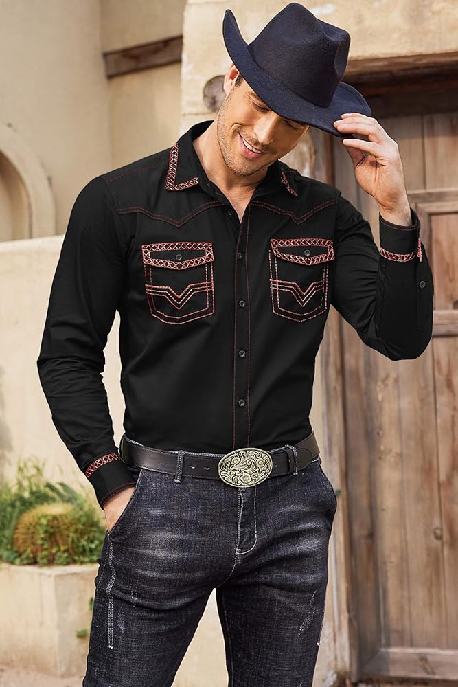 トップス Unlikely Dress Cowboy Shirts COOFANDY Men's Western Cowboy Shirt Embroidered Long Sleeve Slim