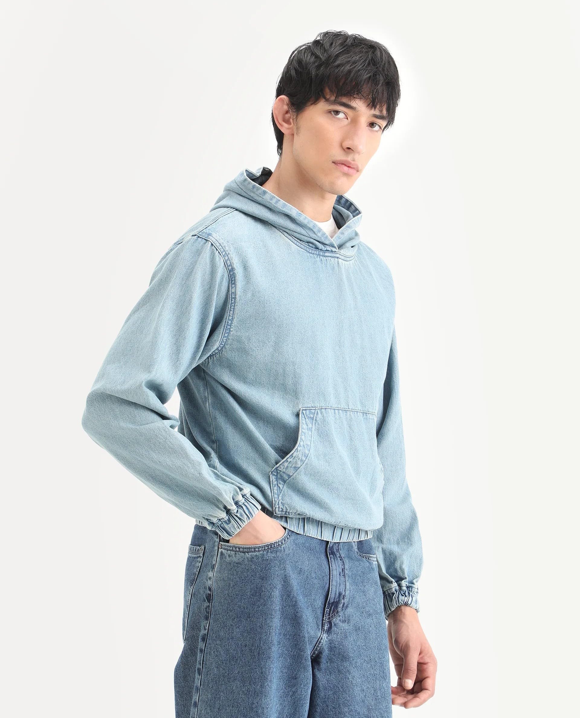 Rare Rabbit Men's Voltas Light Blue Cotton Plain Oversized Fit Full Sleeve Hooded Sweatshirt 4