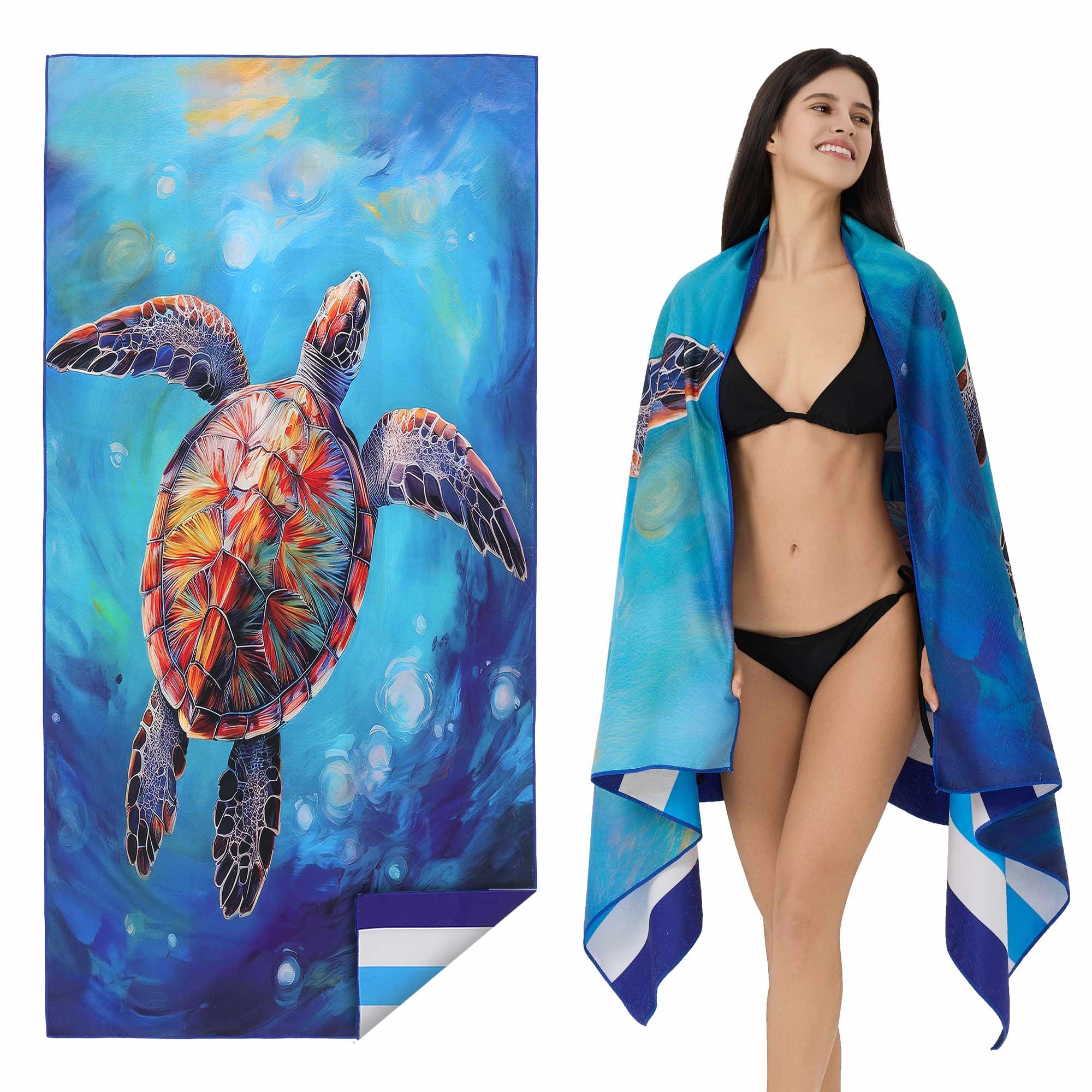Microfiber Extra Large Beach Towels (70"x35") - 2 Pack, Quick Dry, Sand-Free, Blue/White Striped With Dolphins 9 thumbnail image