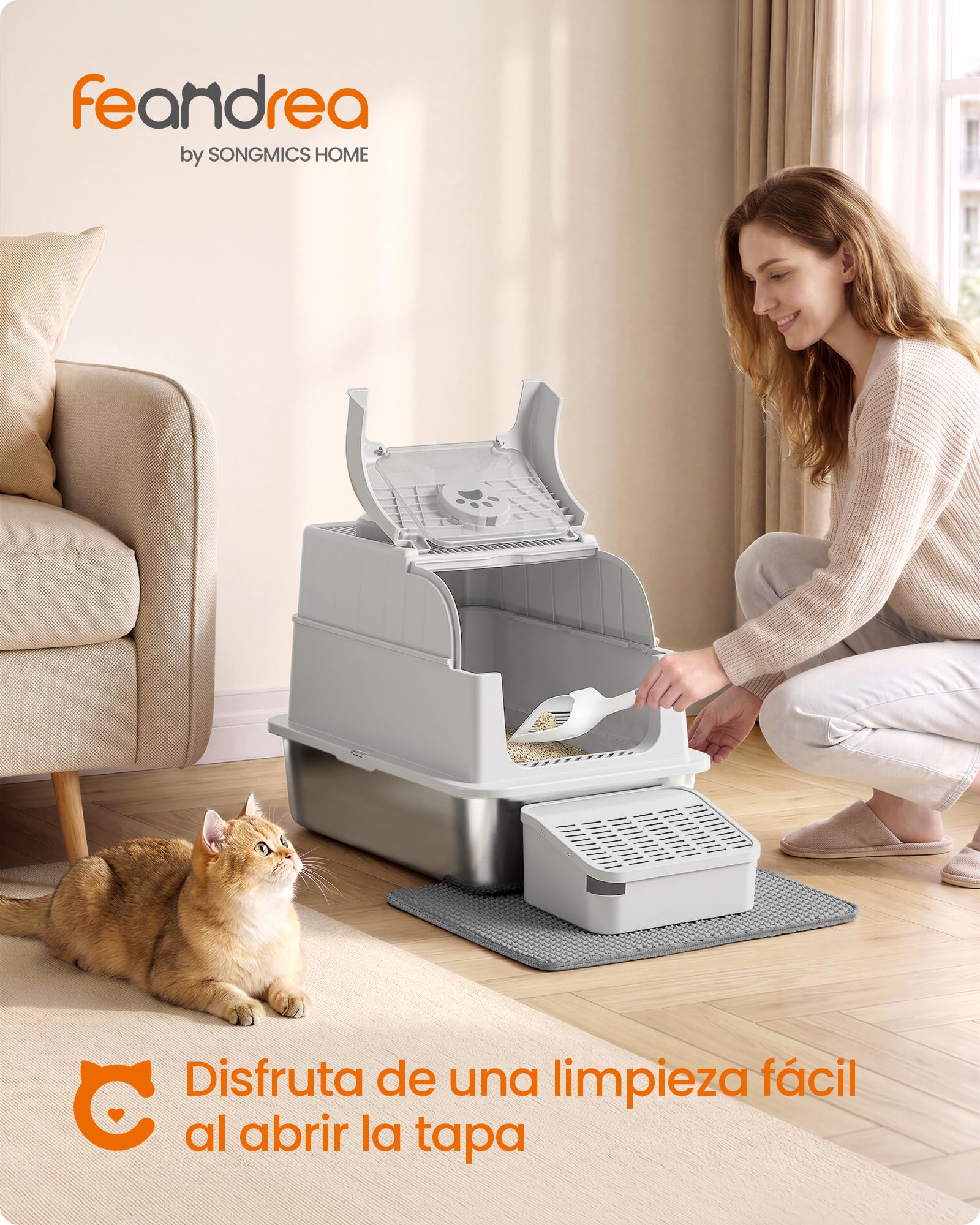 Feandrea Arenero para Gatos de Acero Inoxidable con Tapa, Caja de Arena Cerrada, 2 Entradas, Pala y Cepillo, para Gatos de hasta 15 kg, Gris Claro PPT021G101