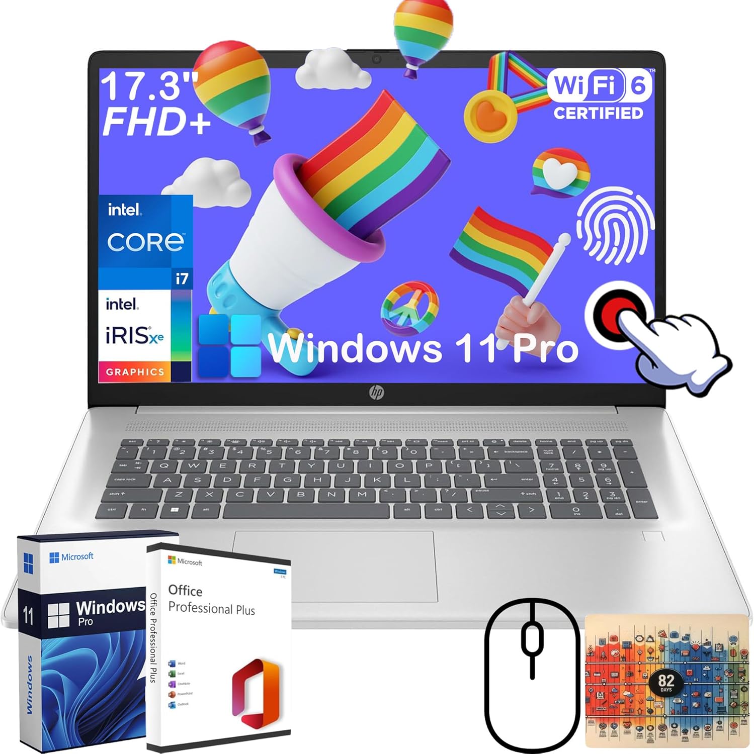 HP 17 Business Laptop Everyday Notebook- with Microsoft Office Lifetime License, 17.3" HD+ Touchscreen 250 nits Display, Intel 10-Core i7-1355U CPU, 32GB RAM, 1TB SSD, Wi-Fi6, HD Webcam, Win 11 Pro