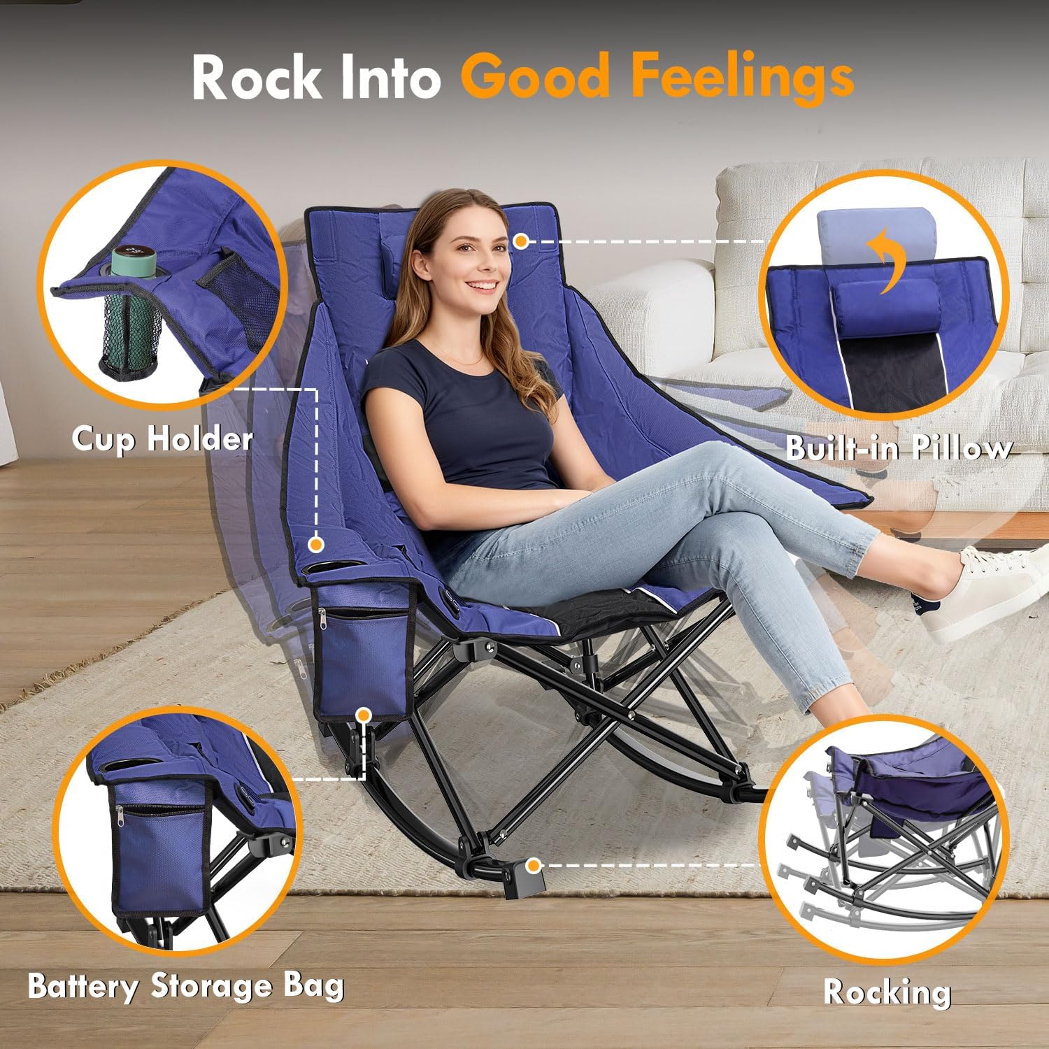 Slendor Oversized Heated Camping Chair with 2000mAh Battery, Padded & Pillow Heated Rocking Chair, 3 Adjustable Heat Settings Camping Rocker Chair for Easy Setup and Foldable Storage - Image 6