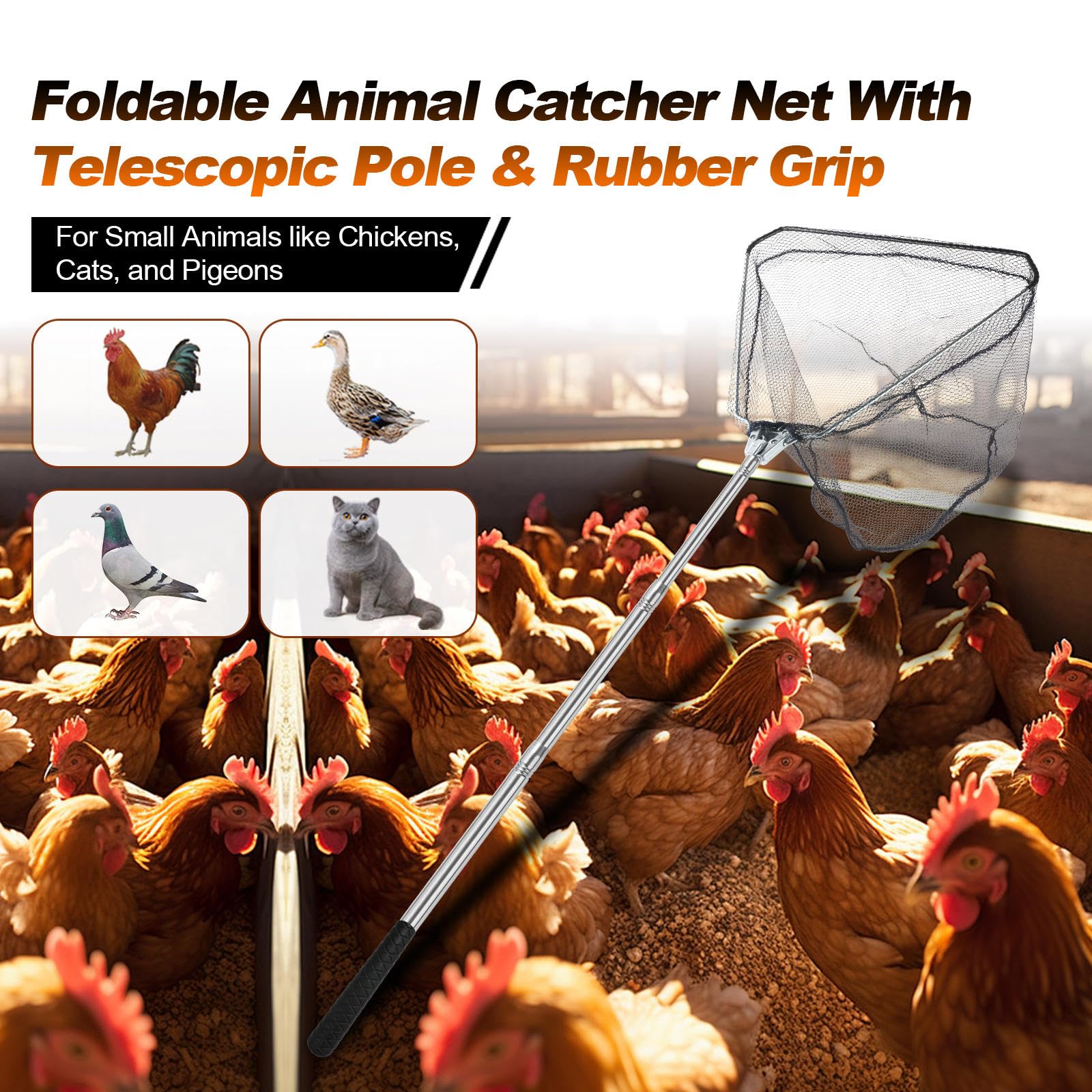 Filet de capture de poulet, filet animal avec poteau extensible en acier inoxydable de 117 cm, filet à poulet pour poulets, canards, oiseaux, chats, chiens, résille, attrape-poulet pour