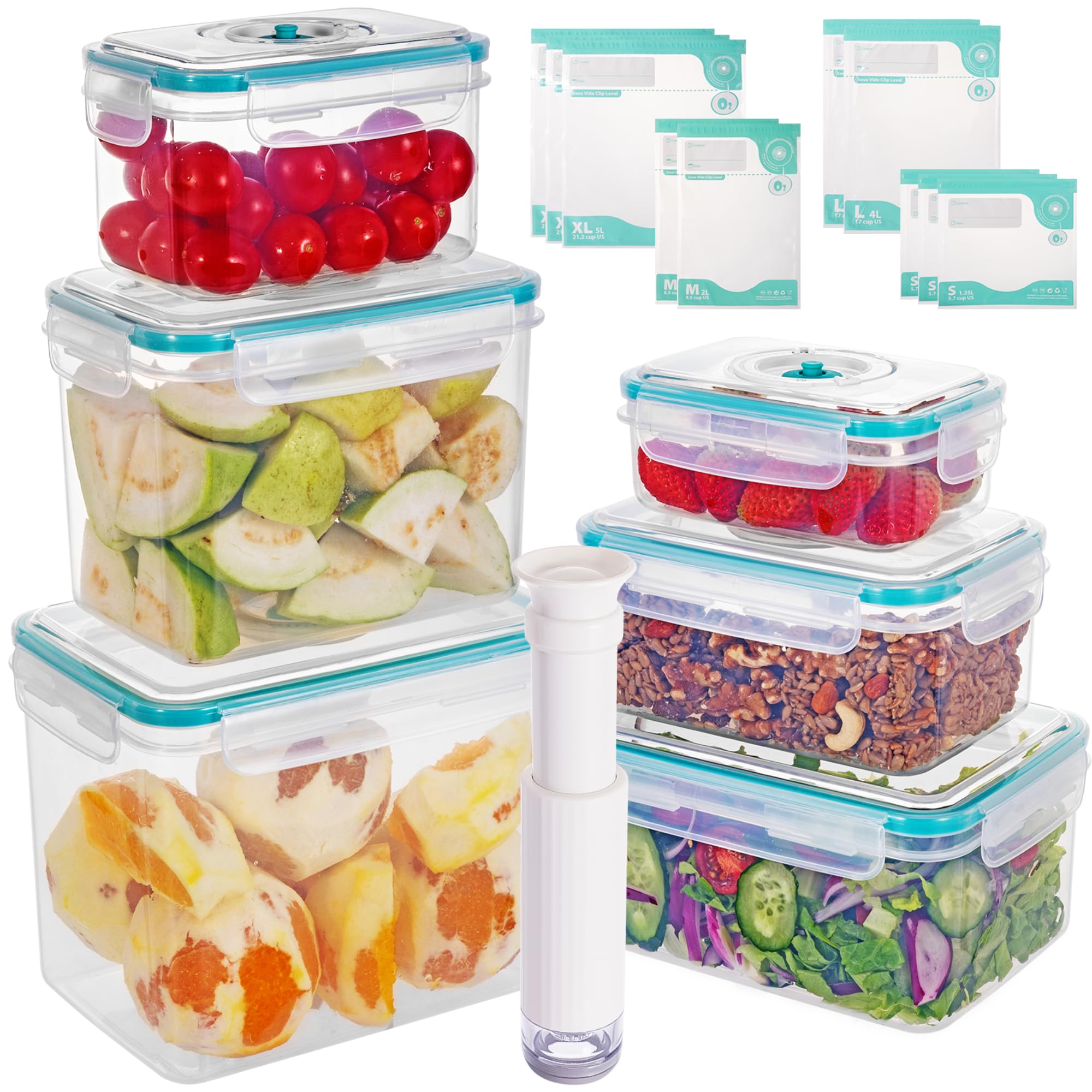 Vacuum Sealed Food Storage Container Set - 23 Pieces, Stackable, Hand Pump, 10 Bags