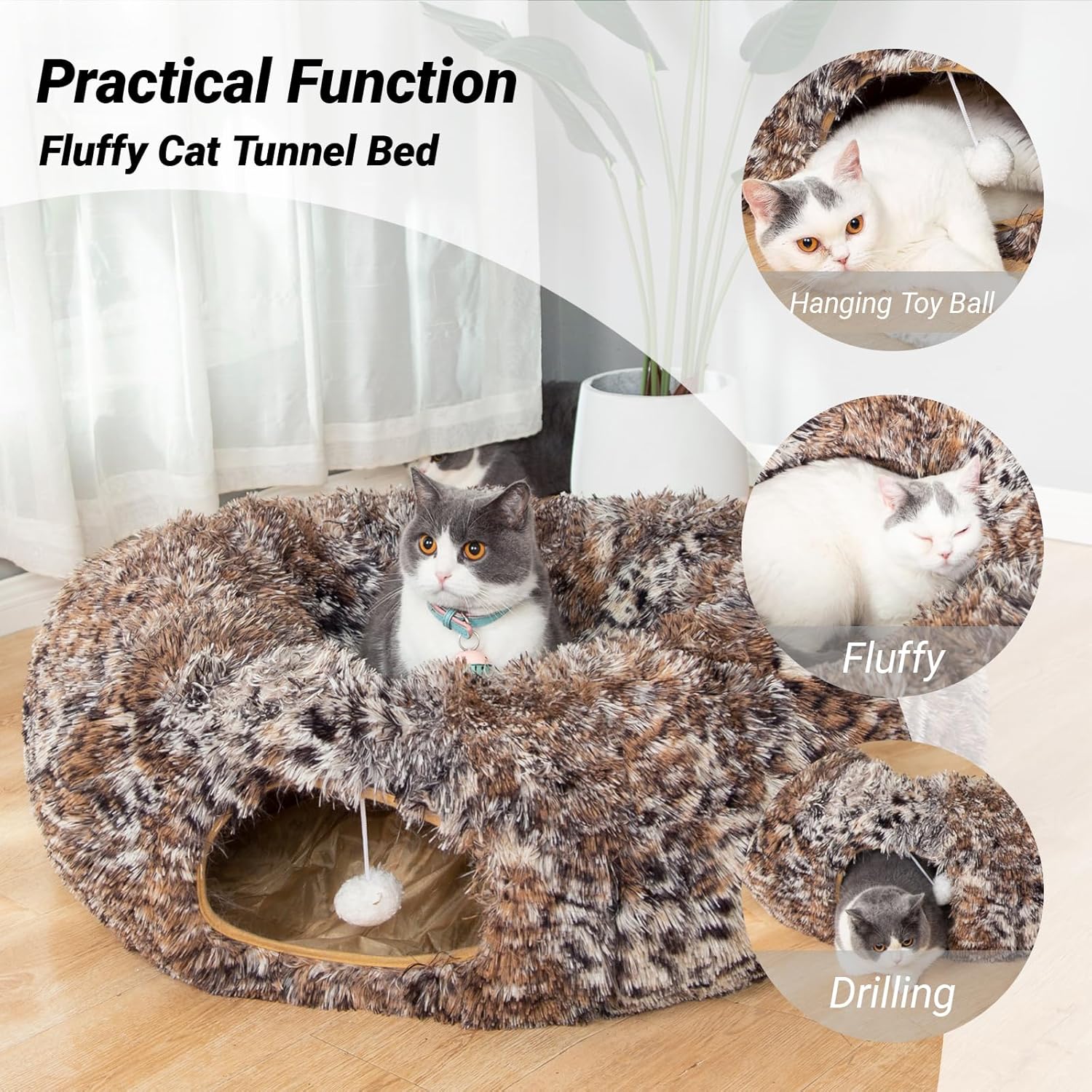 LUCKITTY Warm Fluffy Plush Cat Tunnel Bed with Washable Cushion- Big Tube Playground Toys 3 FT Diameter Collapsible, for Indoor Cat Kitty Kitten Puppy Rabbit Ferret Leopard Print