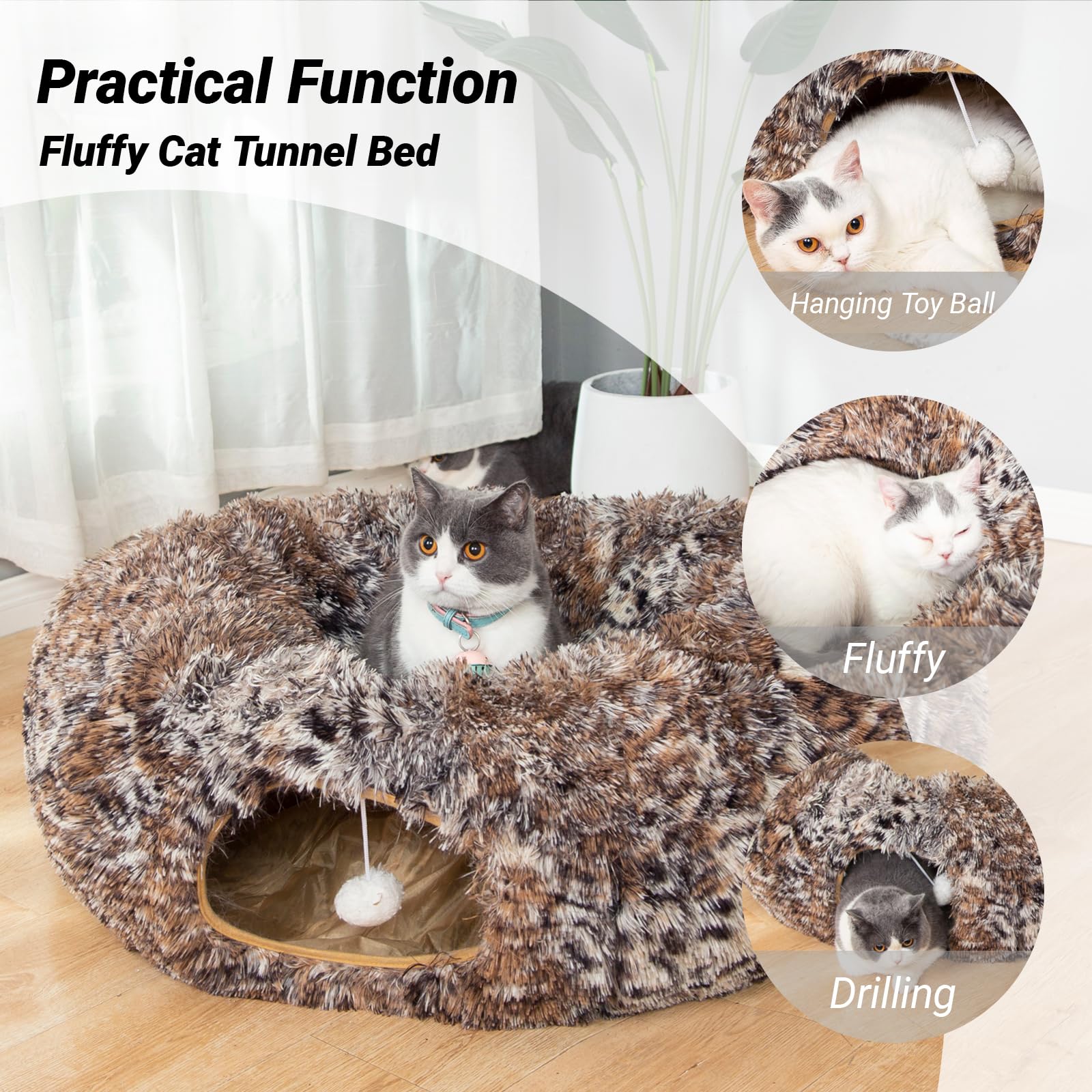 Cama tipo túnel de felpa cálida y esponjosa con cojín lavable, tubo grande, juguetes de 3 pies de diámetro, plegable, para interiores, gatos, gatitos, cachorros, conejos, hurones, leopardos