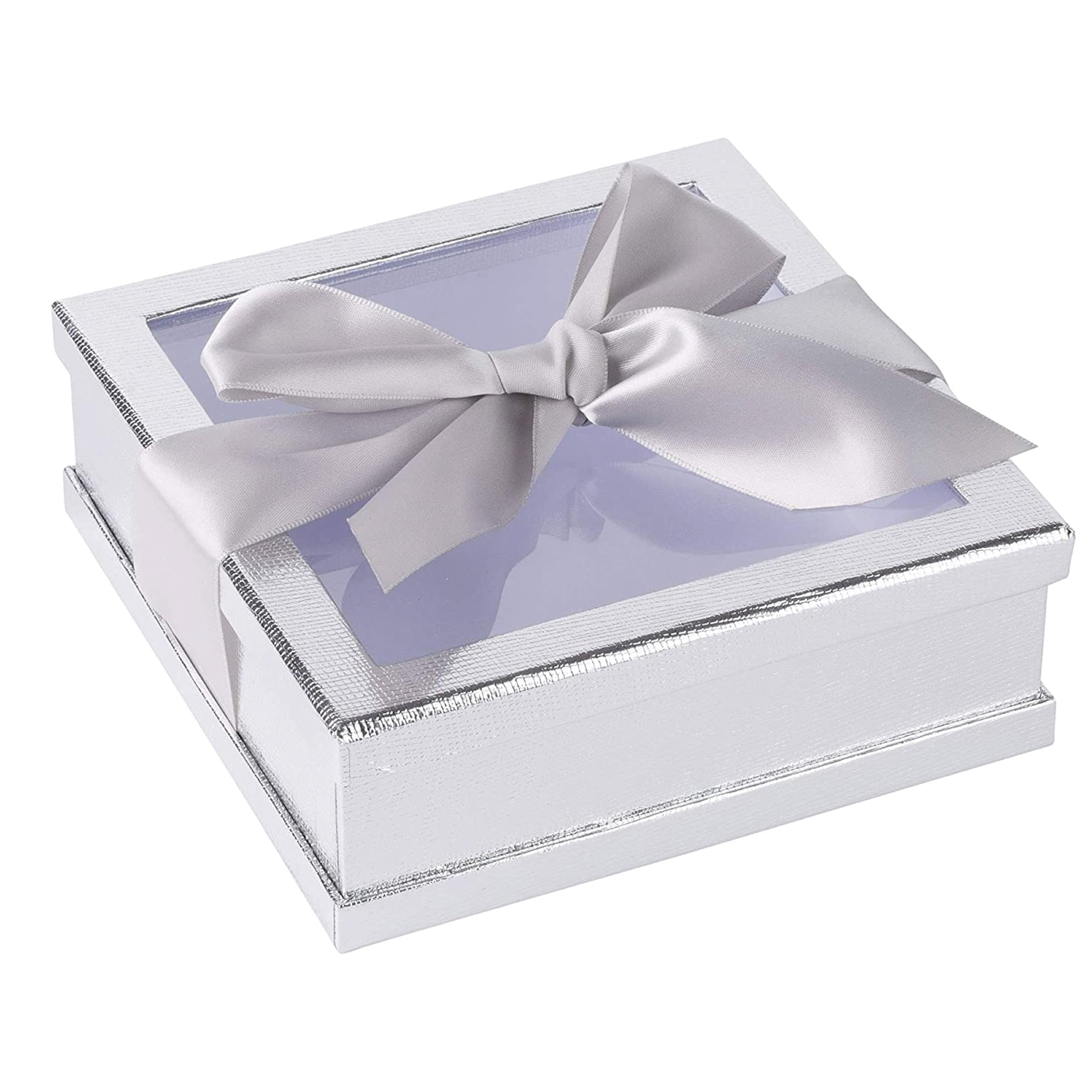 Hammont Clear Window Gift Boxes - 3 Pack - Multipurpose Bakery Boxes with Ribbon | Treat Boxes Perfect for Party Favors, Cookies and Cupcakes (Silver,