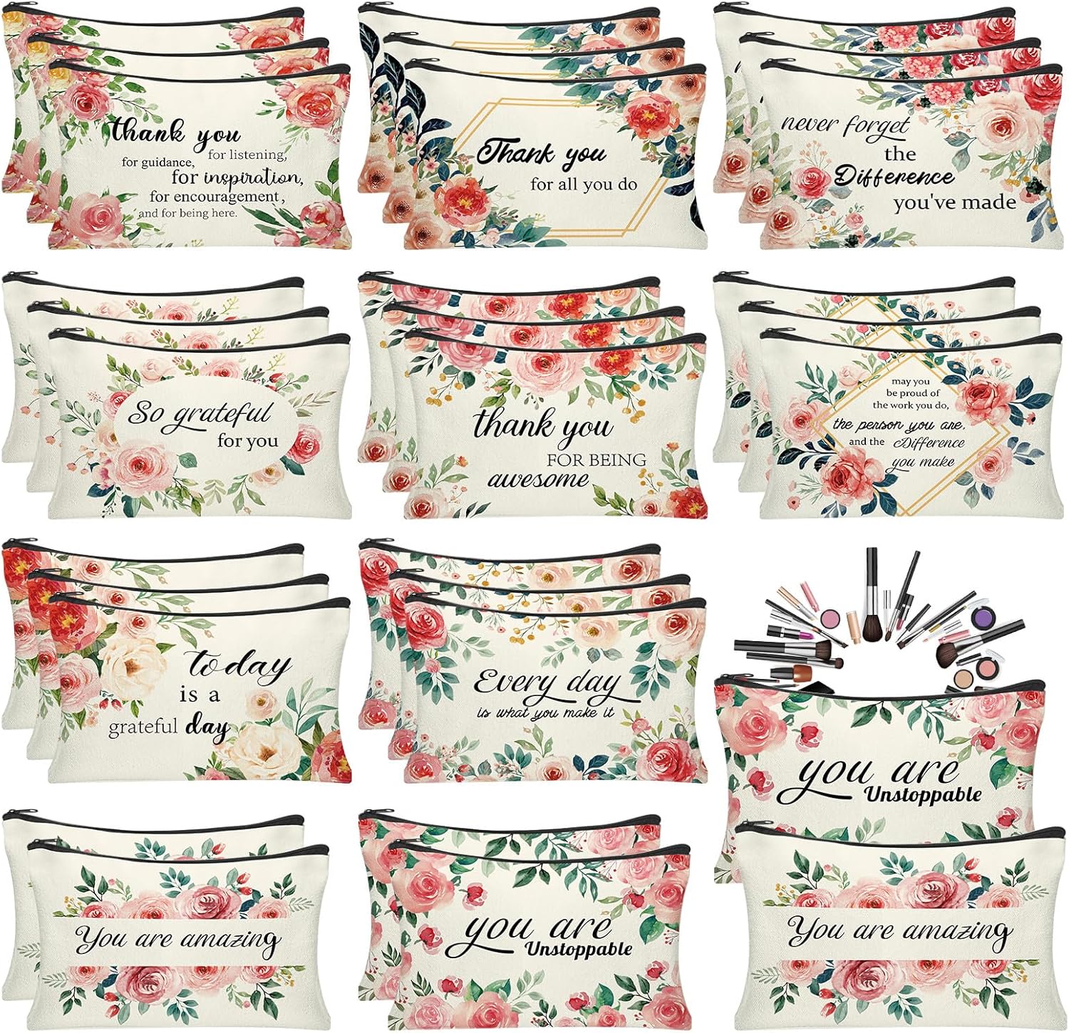HSDSH 30Pcs Inspirational Quotes Makeup Bag Canvas Cosmetic Bags Encouragement Travel Toiletry Pouch Thanksgiving Appreciation Gifts for Women Valentine's Day Mother’s Day Wedding