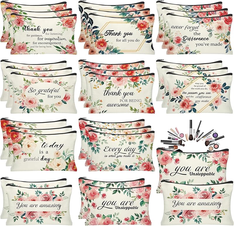 HSDSH Necessaire de Maquiagem Retangular com Zíper, Estampas Florais e Frases Inspiracionais, Pacote com 30