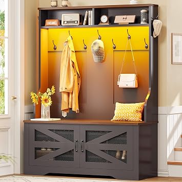 Itaar Hall Tree with Bench and Shoe Storage, 5-in-1 Entryway Bench with Coat Rack, 10 Shoe Cubbies & 9 Coat Hooks, Barn Door & Adjustable Shelf Black