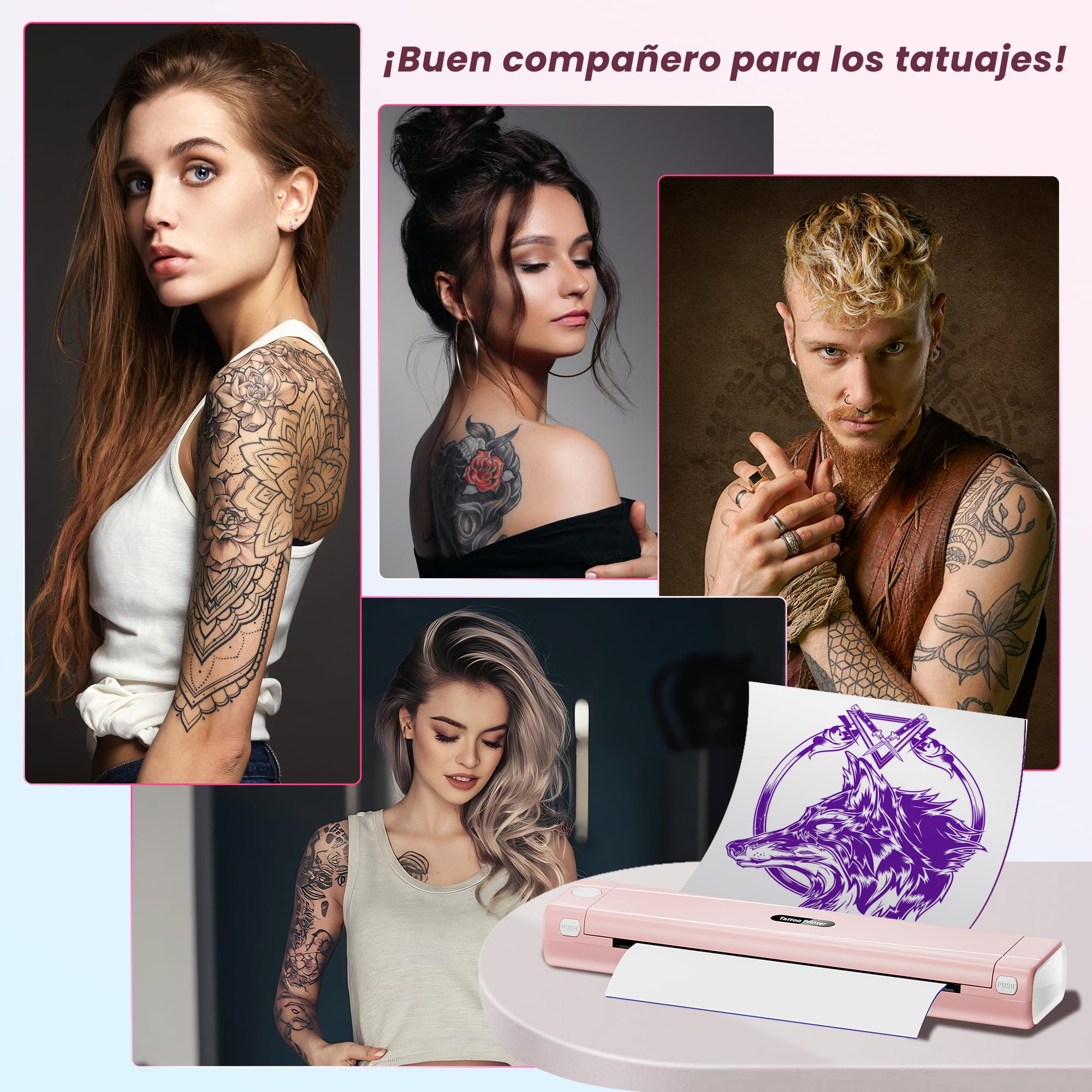 TATTMUSE Impresora de Tatuaje, Termocopiadora Tattoo con 10pcs de Tattoo Transfer Papel, Impresora Termica Tattoo para Principiantes y Artistas del Tatuaje, Rosado