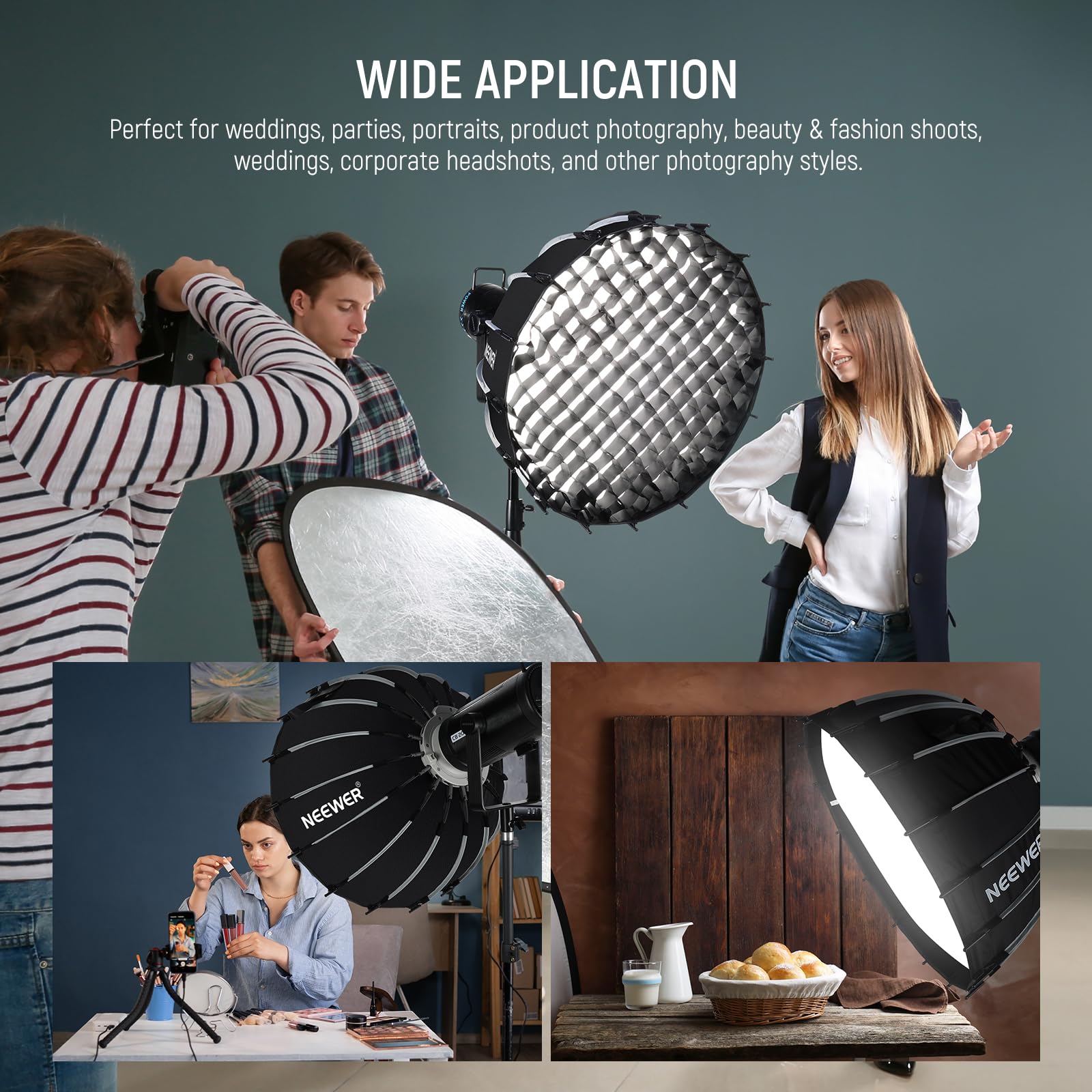 NEEWER Paraboliczny zestaw softbox, 59.9 cm, z dyfuzorami światła, do fotografii studyjnej, nagrywania wideo, strumieniowego oświetlenia, kompatybilny z Aputure 120D, kompatybilny z Godox SL60w, NS71P