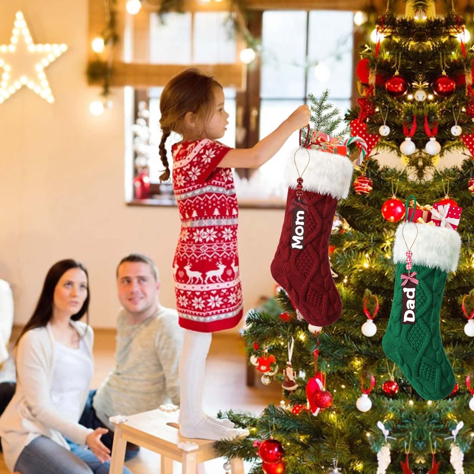 3 pezzi Calze natalizie lavorate a maglia in lana con targhette con nome, calze di Natale decorative, calze di Natale per feste di Natale, decorazioni natalizie e regali per bambini