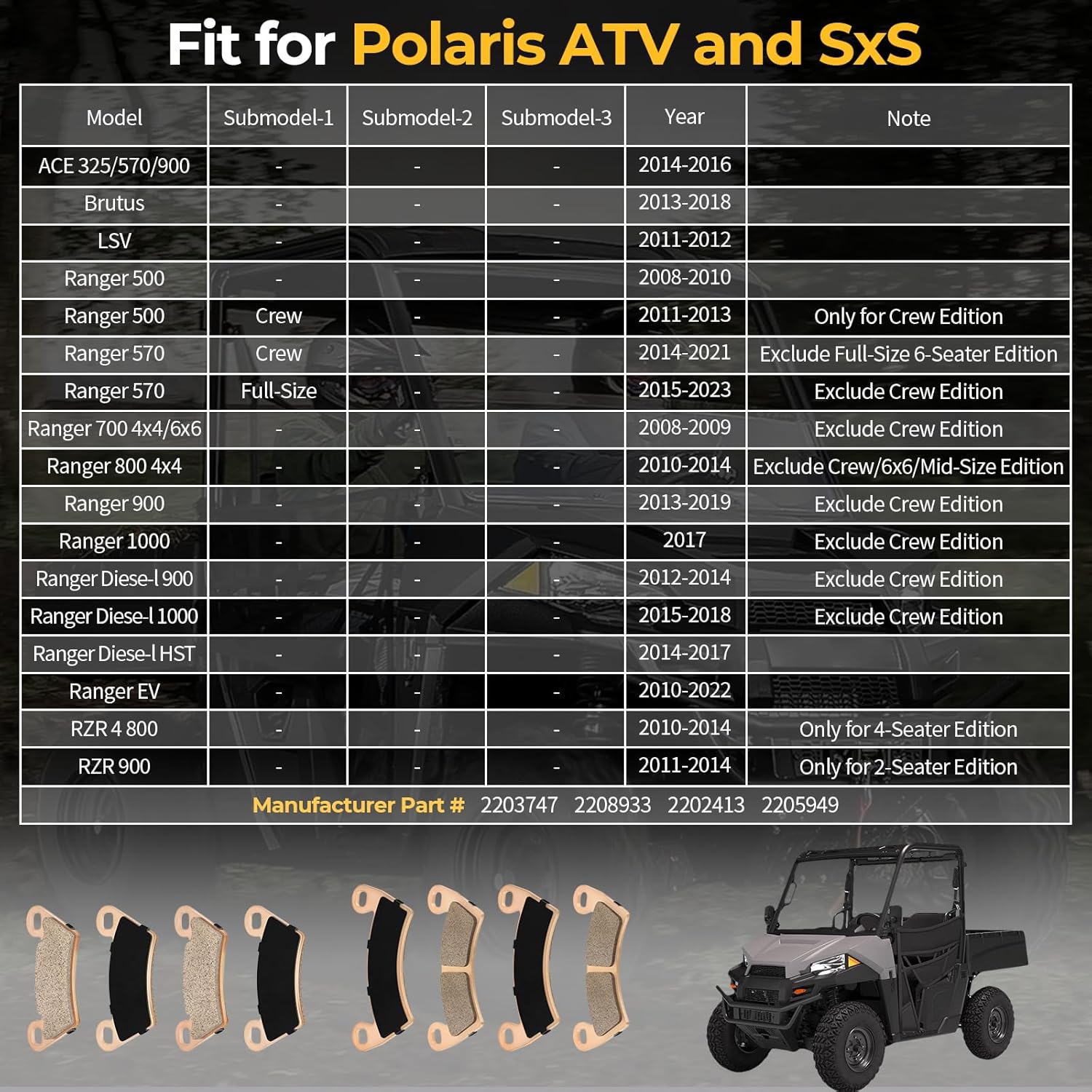 Front Rear Sintered Brake Pads for Polaris RZR-4-800 RZR-900 2010-2014 Ranger 500 570-Crew 570-Full-Size 700 800 900 1000
