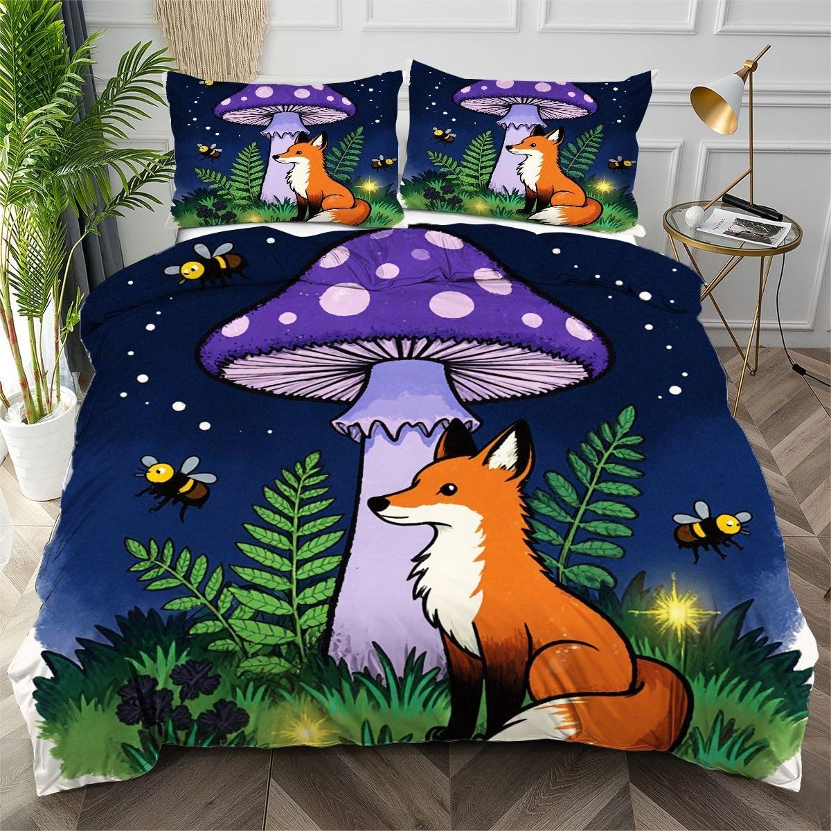 Housse de couette champignon bleu pour une chambre adulte cocooning