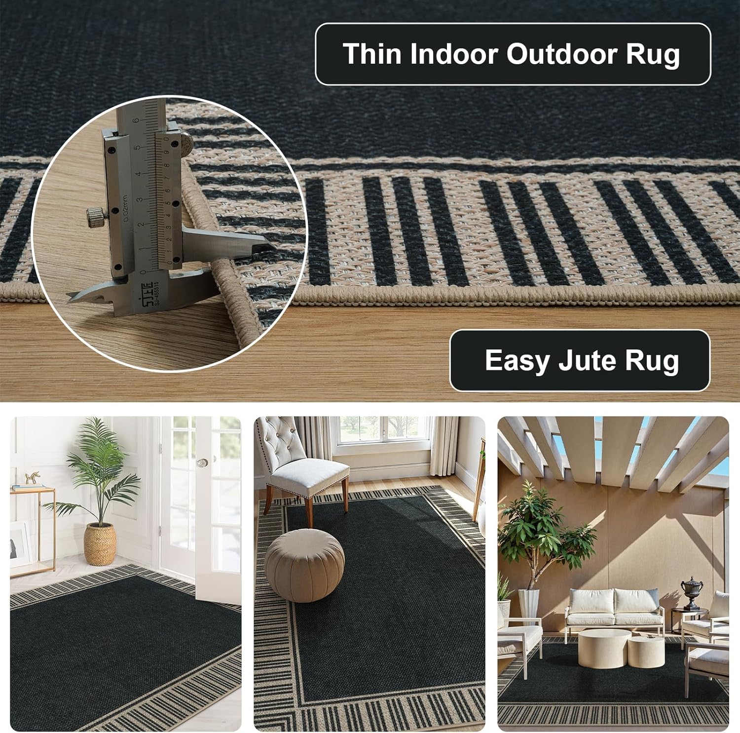 OJIA Front Door Mat 24"x51" + Easy Jute 3x5 Outdoor Rug Front Door Mats Washable Rugs for Entryway, Striped Border Black Rug Non-Slip Indoor Doormat Outdoor Porch Rug Farmhouse Area Rug