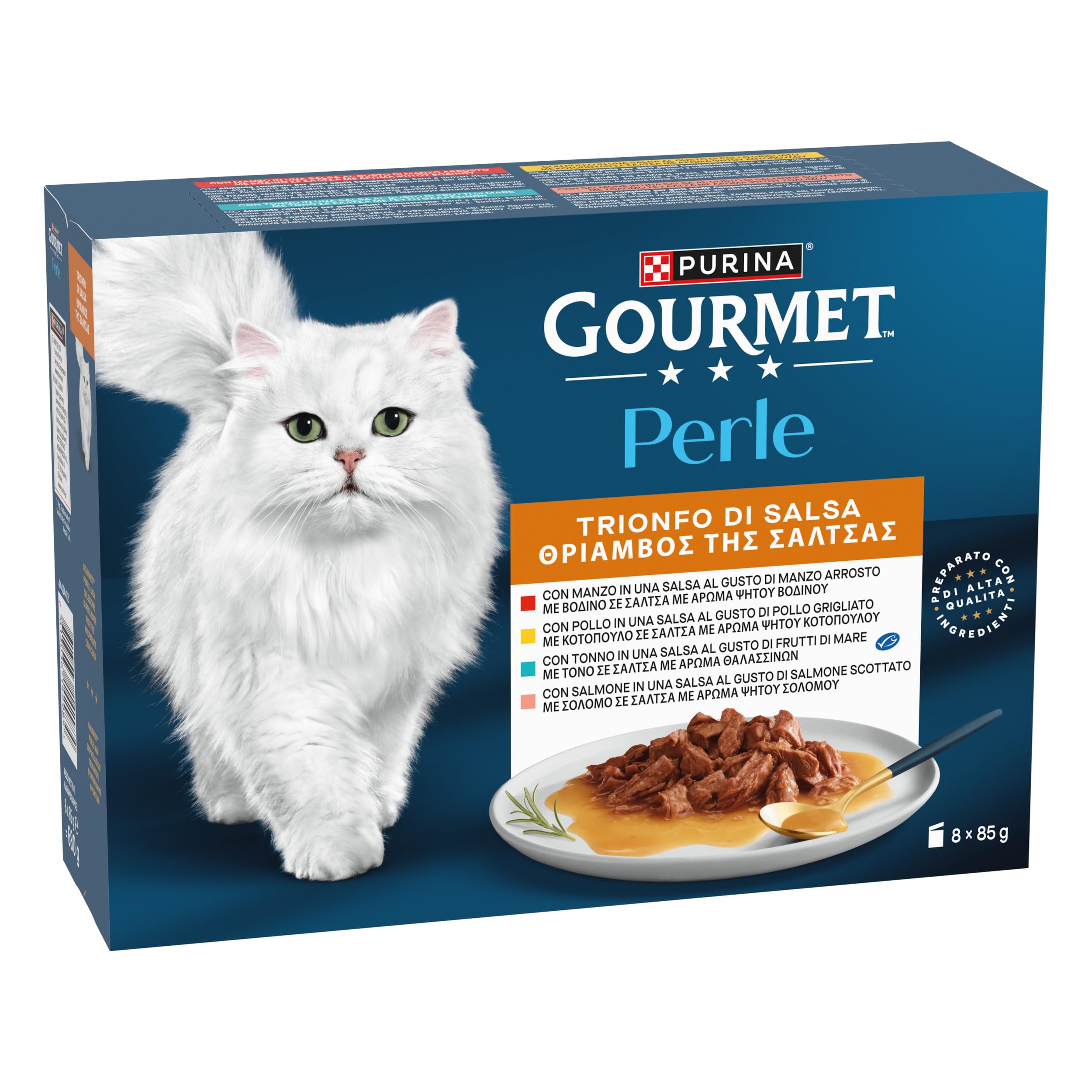 GOURMET Perle Cibo Umido per Gatti Adulti Bocconcini in Salsa con Manzo, Pollo, Tonno e Salmone - 80 Bustine da 85 g