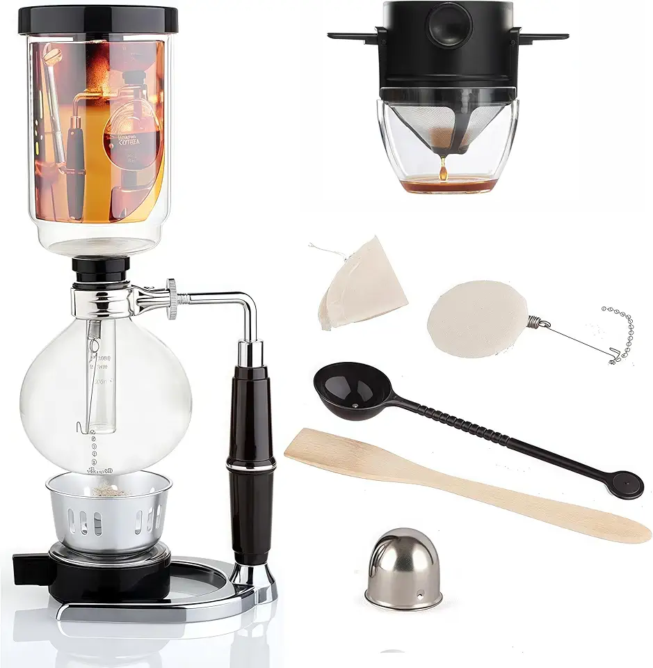 Conjunto de cafeteira sifão, 5 xícaras de 600 ml, vidro borossilicato a vácuo com filtro de café dobrável de aço inoxidável, filtragem dupla para casa, escritório e acampamento (versão Filter Plus)