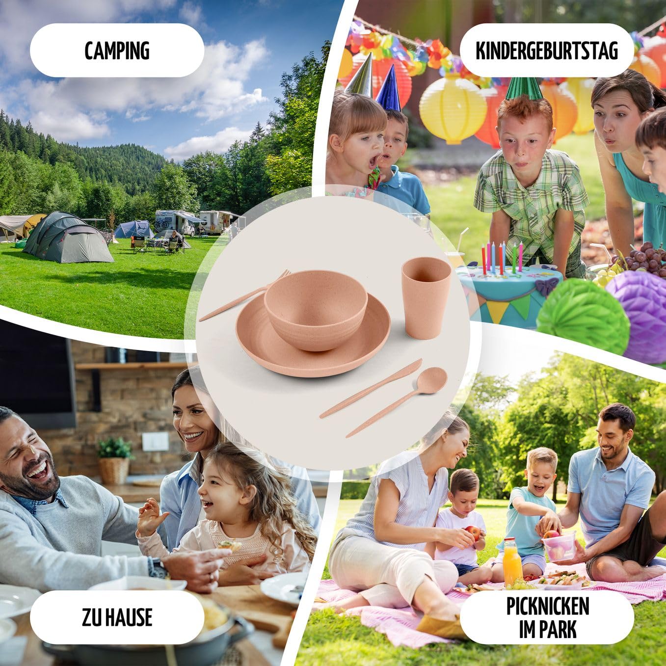 Umweltfreundliches Camping-Geschirrset – 100% Recyceltes Material | Mehrweg, Bunt, Für Wohnmobil, Picknick, Outdoor & Kinder