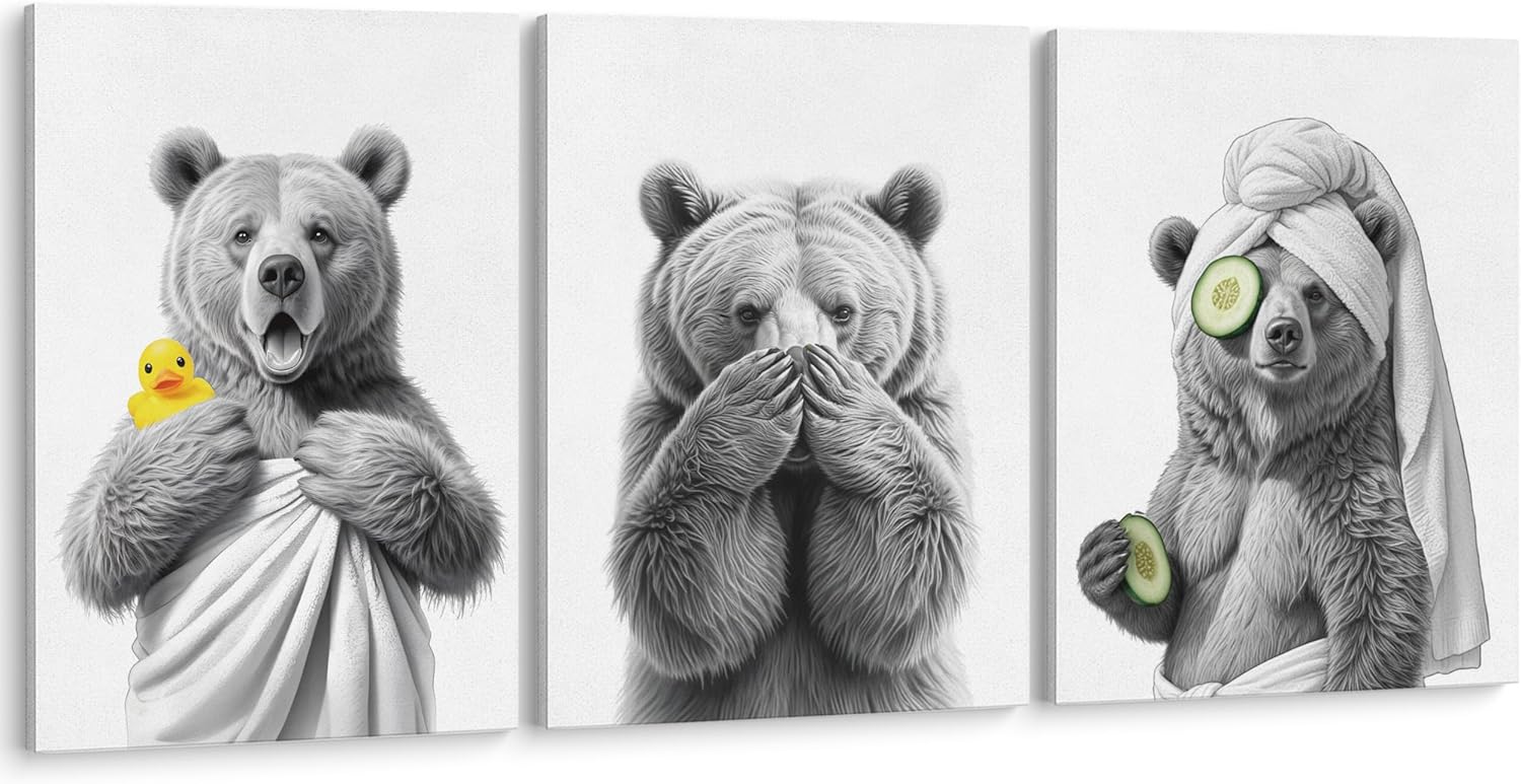 BUJSP Funny Cute Squirrel Bathroom Wall Art Decor, Animal Bathroom Decor, Black and White Squirrel Wildlife Canvas Prints Pictures Wall Decorations for Washroom Restroom Toilet, 11x14 Inches Set of 3