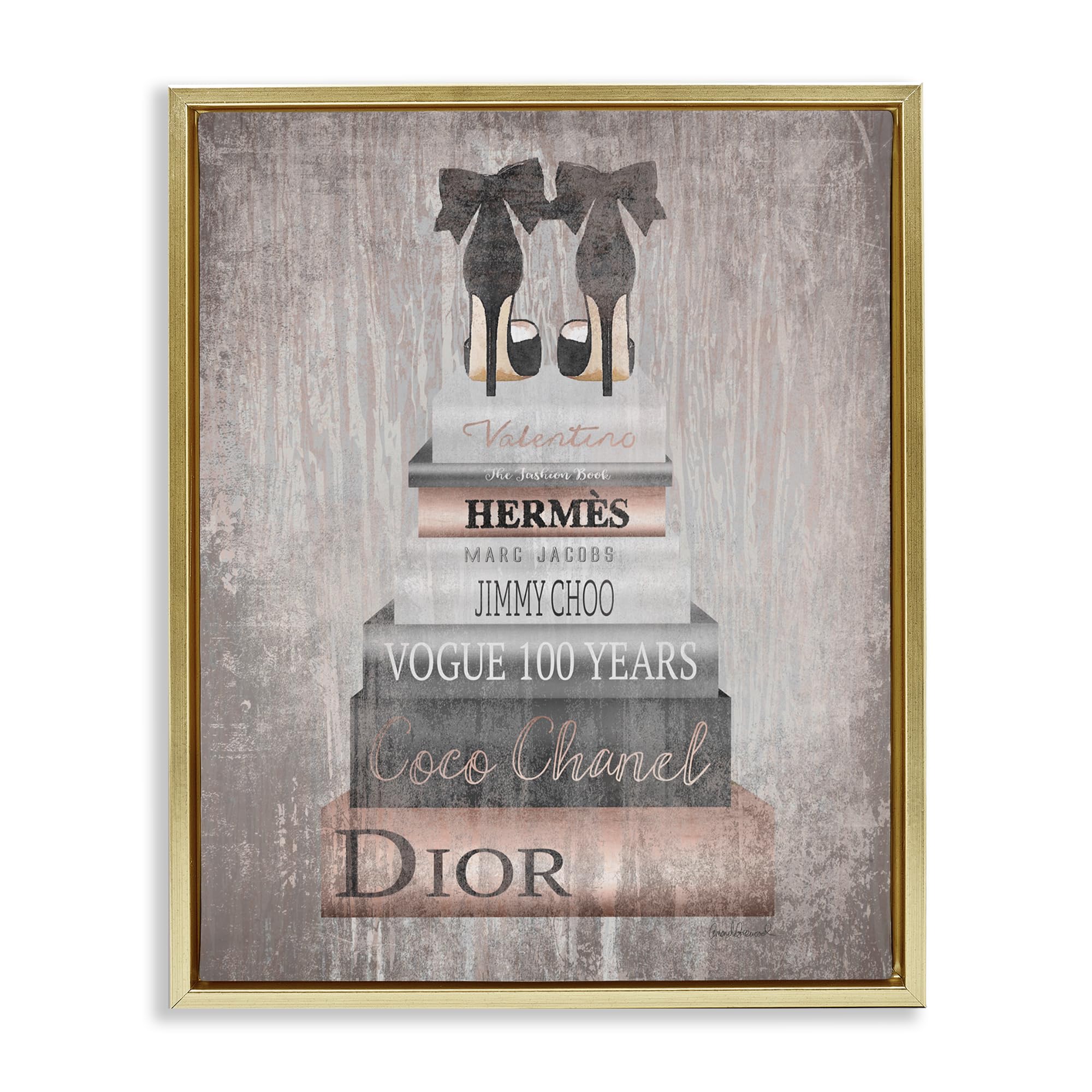 'Book Stack Heels Metallic Pink'| Floating Frame Canvas Art