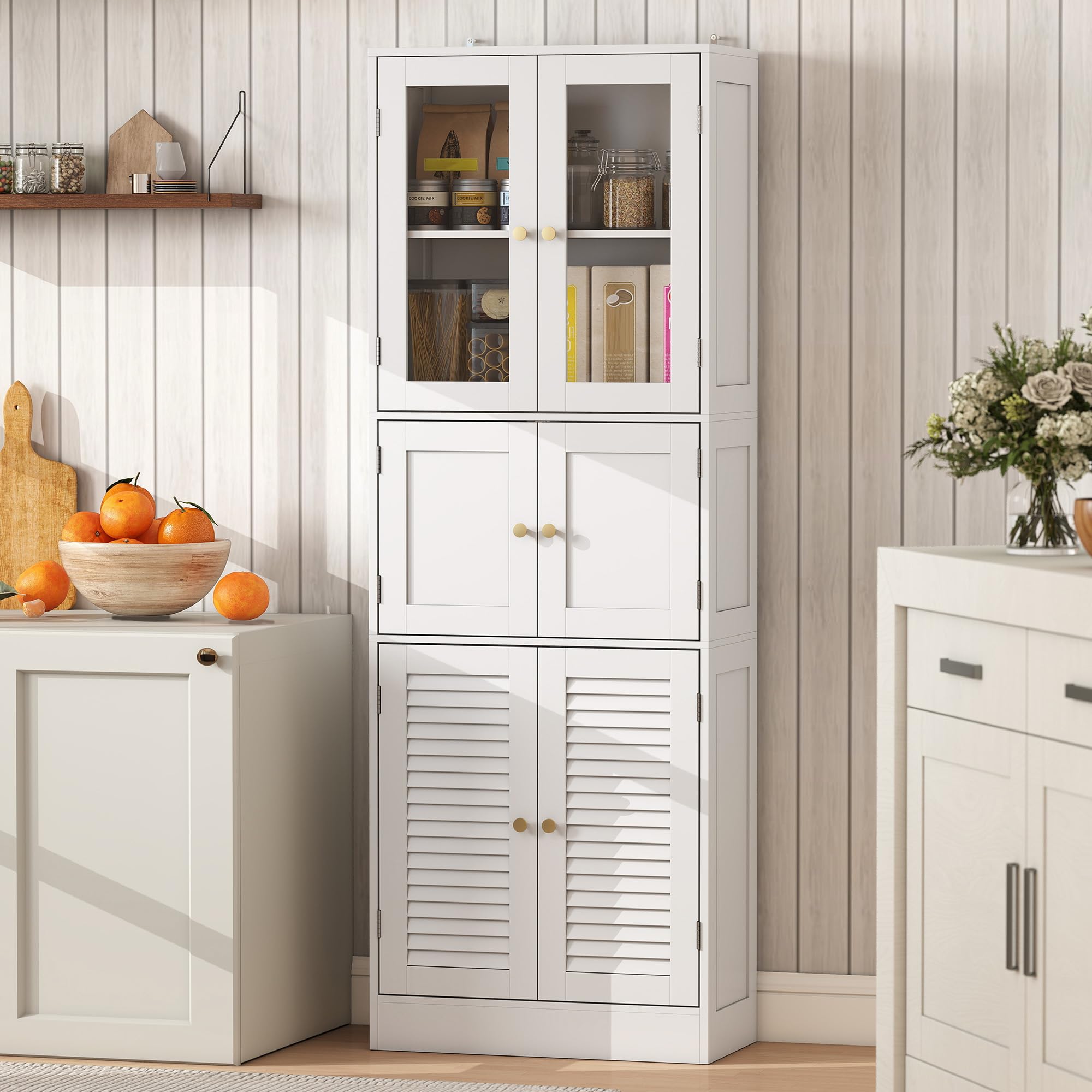 HOMCOM Mobile Bagno Alto Slim con 3 Armadietti a Maniglie, Mobiletto Bagno Salvaspazio con Ante Magnetiche in Vetro, a Persiana e Ripiani Regolabili, per Sala da Pranzo Soggiorno, 60x30x170cm, Bianco