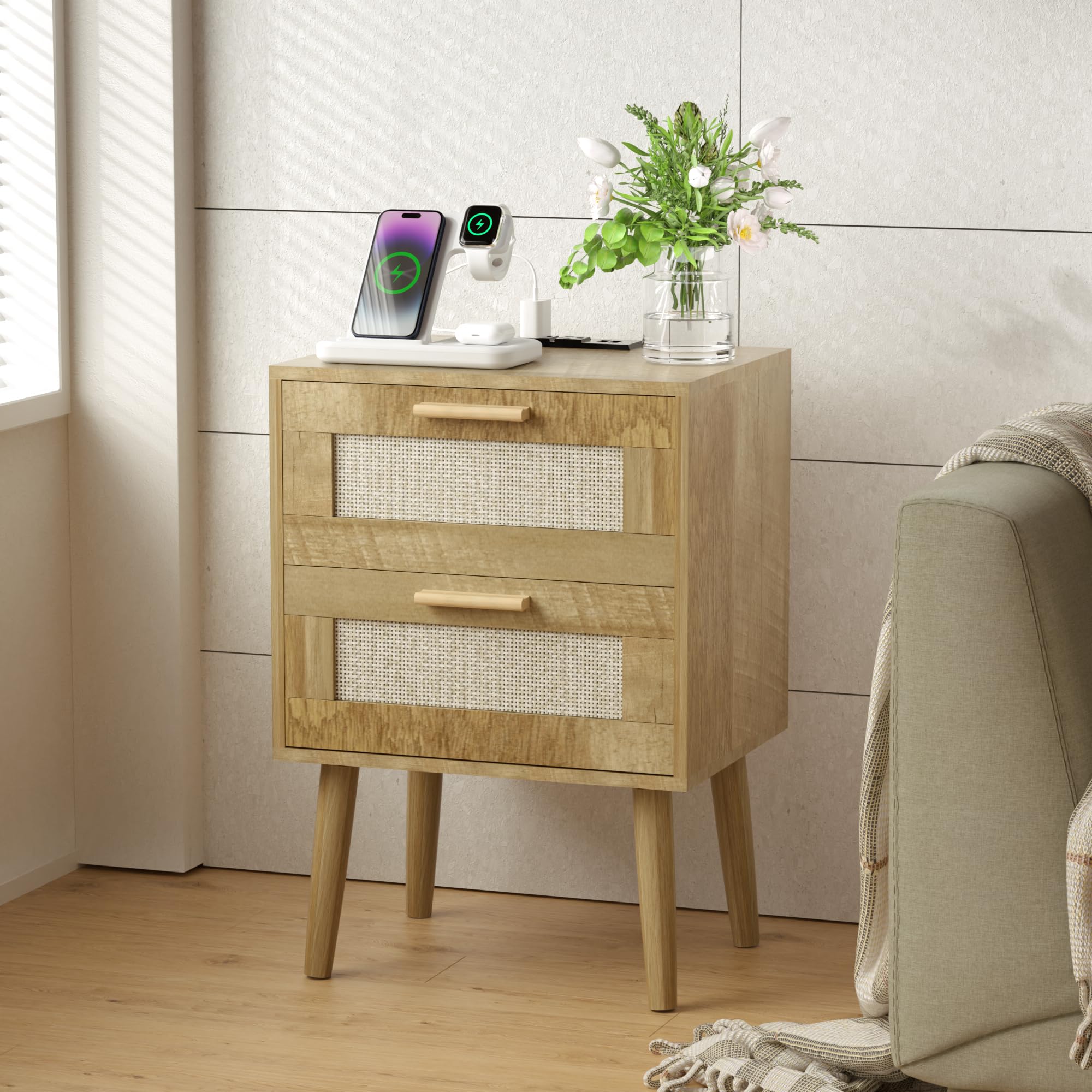 Nightstand with Charging Station,Rattan Night Stand with Solid Wood Legs, Bedside Table with USB Ports & Outlets Bed Side Table,End Table for Bedroom,Living Room(Dark Oak)