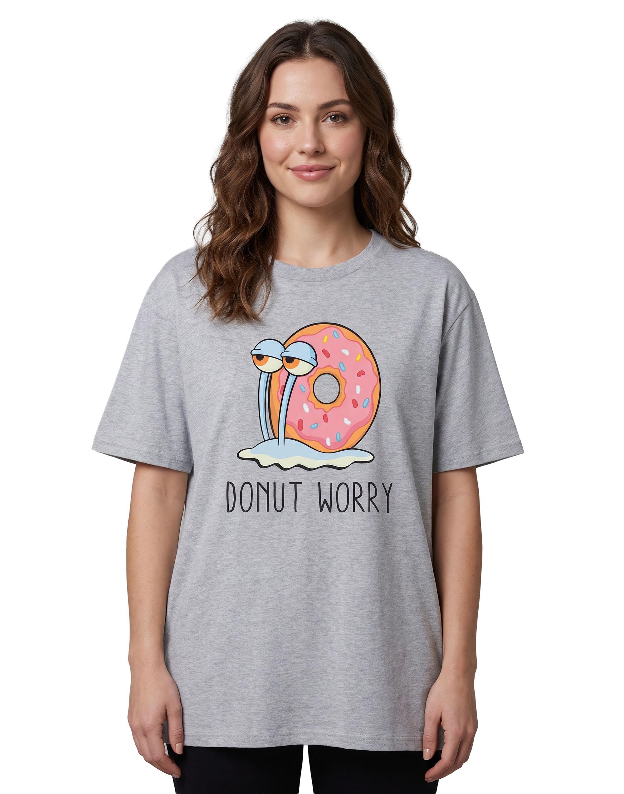 Vanilla Underground Women's Grey Spongebob Squarepants Donut Worry Short Sleeved T-Shirt - Large