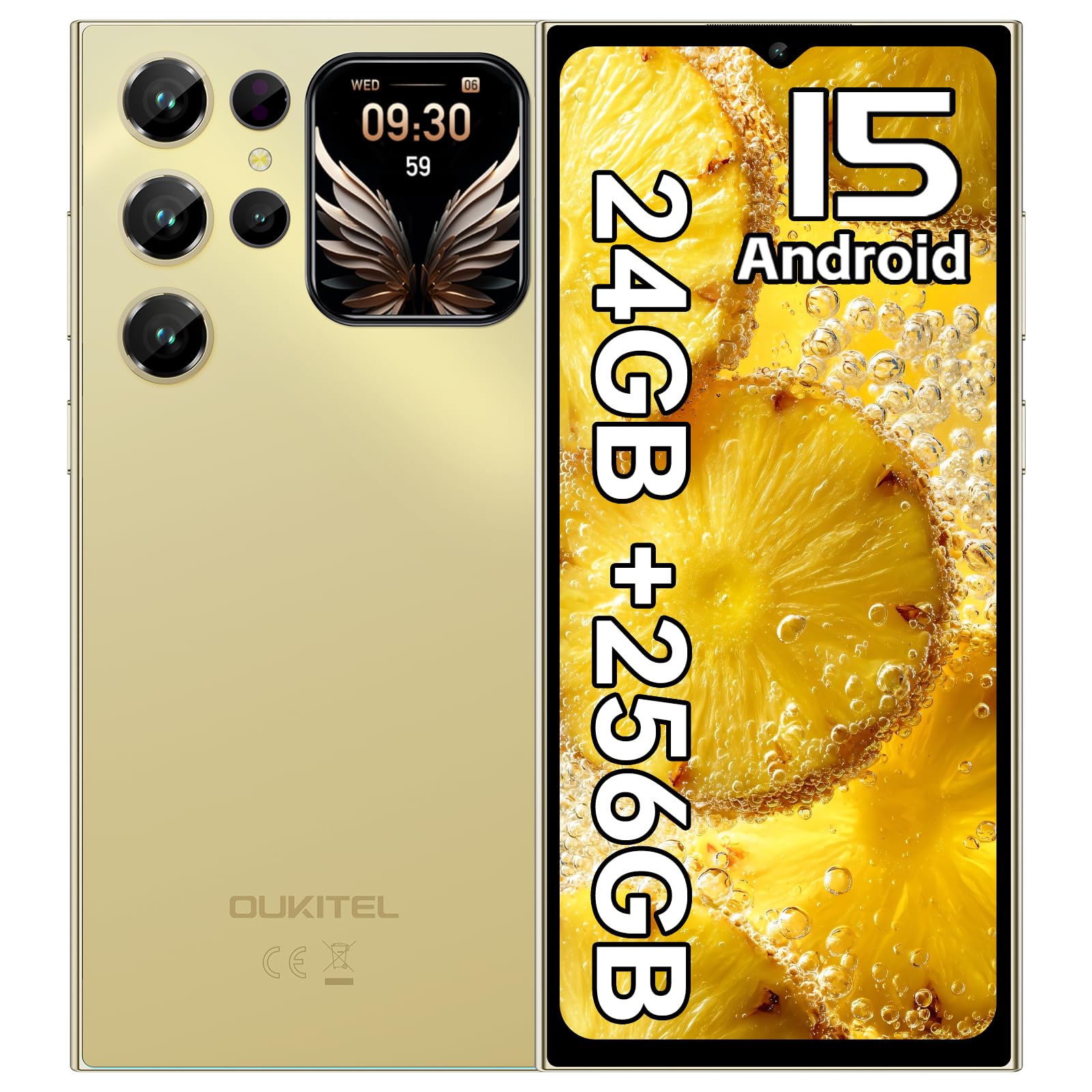 OUKITEL C62 Pro Smartphone Android 15, 24GB+256GB/1TB Telefono Cellulare, 6.88'' &1.81'' Rear Display Telefono, 5150mAh Cellulare,13MP Smartphone Gaming, Octa Core, 4G Dual SIM/NFC/Fingerprint, Oro