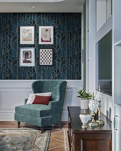 Miniatura 8 de Papel tapiz geométrico de 16.1 x 118.1 pulgadas, color azul claro y azul oscuro, color gradual autoadhesivo para dormitorio, a rayas, papel de pared