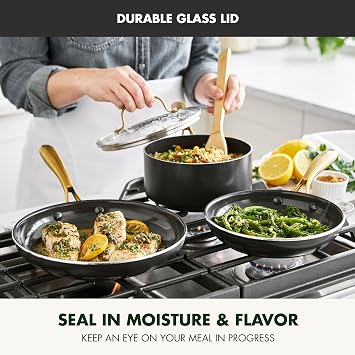 GreenPan 12 Piece Nonstick Swift Cookware Set, Ceramic PFAS-Free Pots & Pans with Lids, Dishwasher & Oven/Broiler Safe to 600F, Kitchen Cooking Set, Sauce, Saute, Stock, Frying Pans, Black/Gold