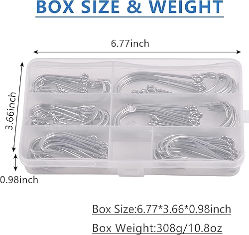 Miniatura 5 de Juego de ganchos en J de pesca de agua salada, 100 ganchos O'shaughnessy de mango largo, juego de ganchos de acero inoxidable forjados, surtido de