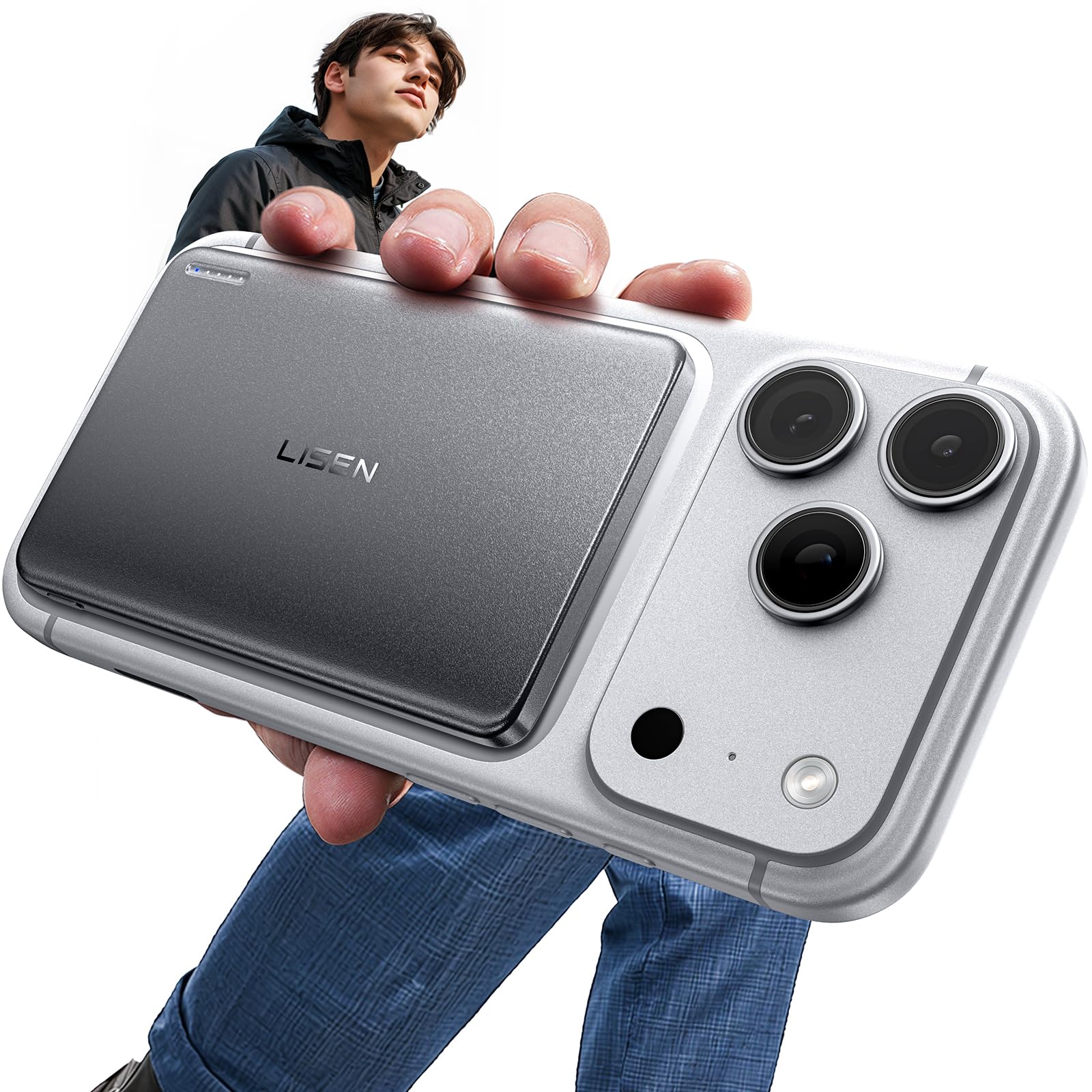 LISEN Industry Ultra Thin Magsafe Mobile Battery, Lightweight, Small, 5,000 mAh, Compatible with MagSafe, 7.5 W, Thin, Wireless Charger, Portable Charger, Compact, Magnet, PSE Certified, iPhone 16/15