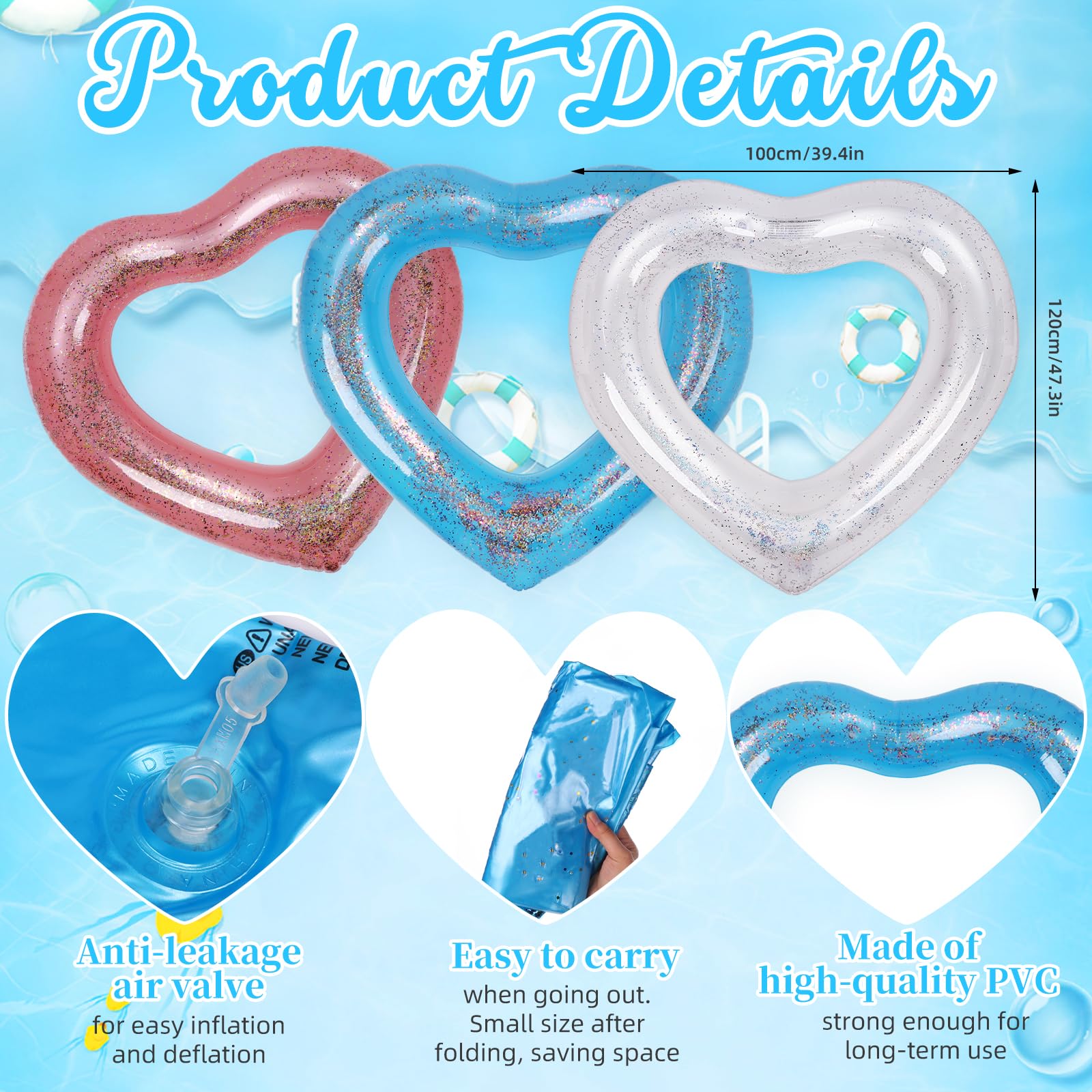 3 Pieces Inflatable Heart Pool Float, 47.3 x 39.4 Inch Glitter Inflatable Swim Rings Bachelorette Party Pool Float Tube, Heart Shaped Summer Swimming Ring, Water Beach Party for Adults ? ?