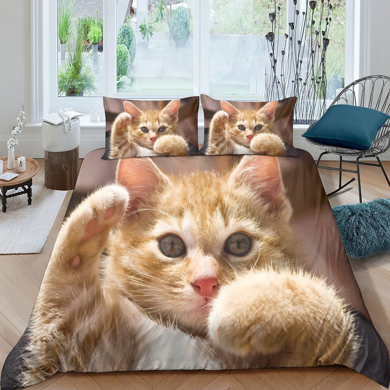 Ctjqhvkz Style-7 3D Printed Ginger Cat Fitted Sheet Microfiber Soft Anti-Slip Tabby Kitten Mattress Cover Bedroom Decor Single（135X200cm）