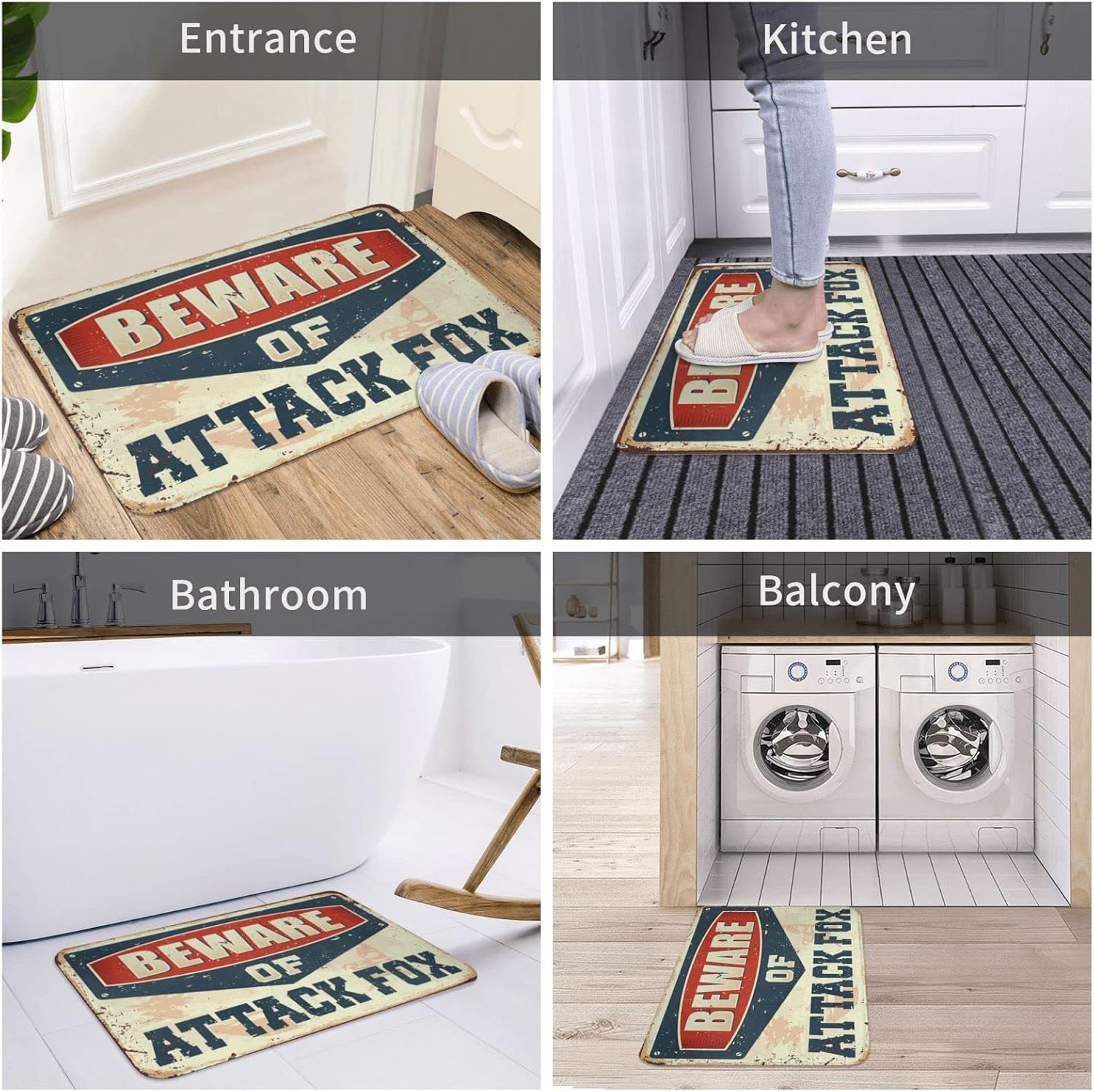 Large Fall Door Mat Beware of Attack Fox Rug Things for Boys Room Retro Rug(65X90CM)