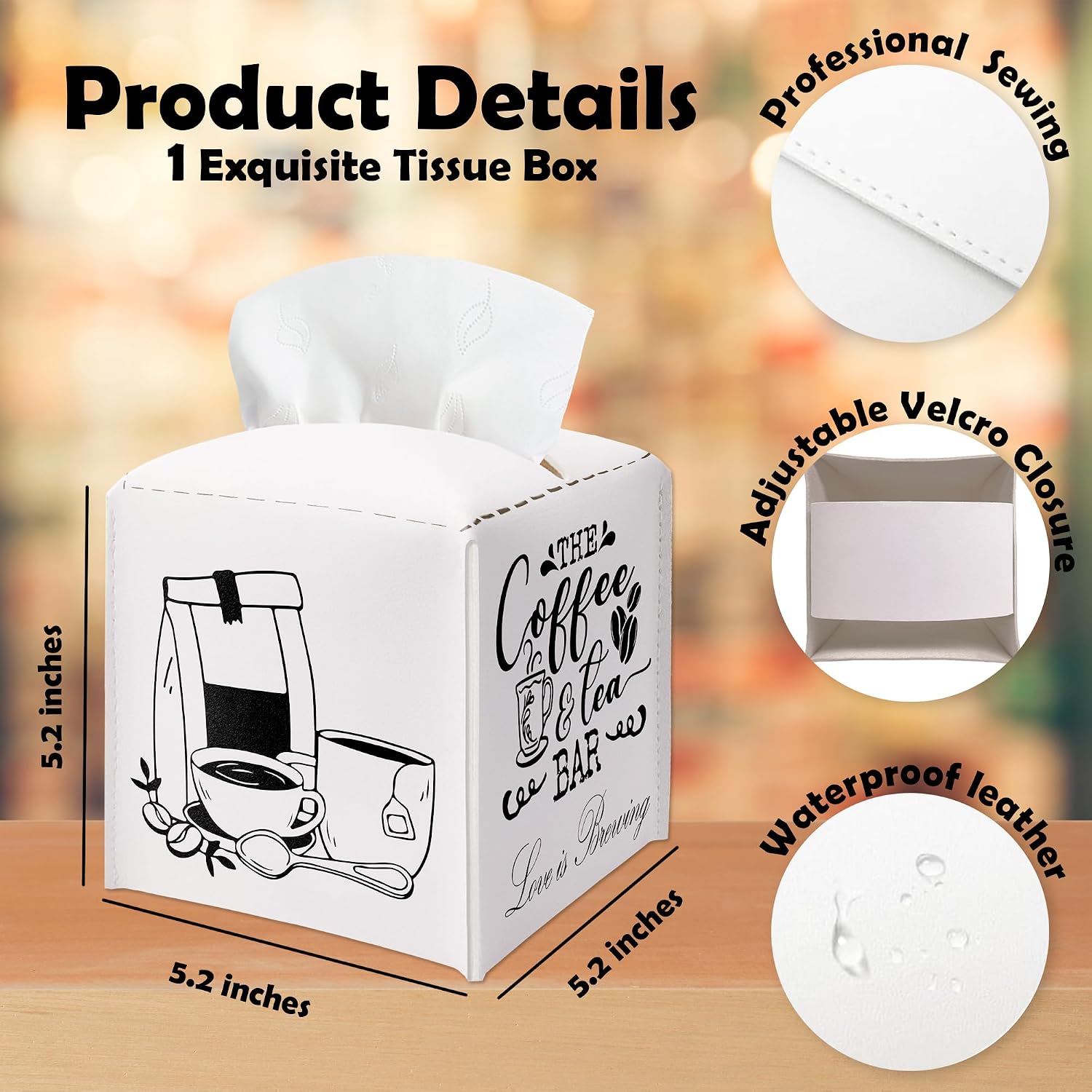 Cafe Tissue Box Cover Square - Coffee & Tea Bar Waterproof Tissue Holder - Facial Paper Organizer for Home Kitchen Bar - Desk Tabletop Supplies Decorative Dispenser Box - A12 image 2