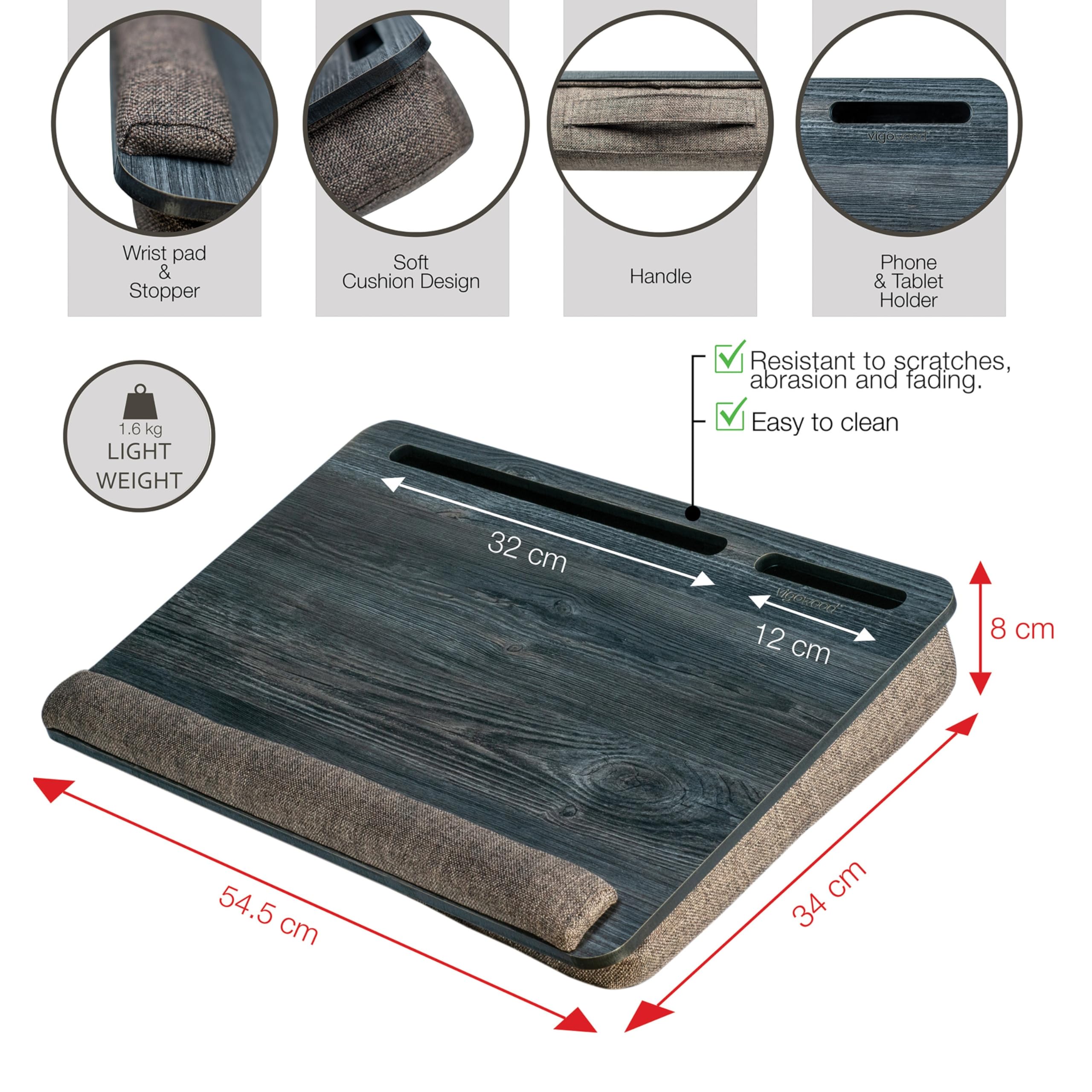 Vigo Wood Laptop Tray for Bed, Lap Desk, Stand for Bed, Lap top Tray with Cushion, Lapboard, Portable Lap Tray for Home Office Fits up to 17.3''Laptop & Tablet and Phone Holder