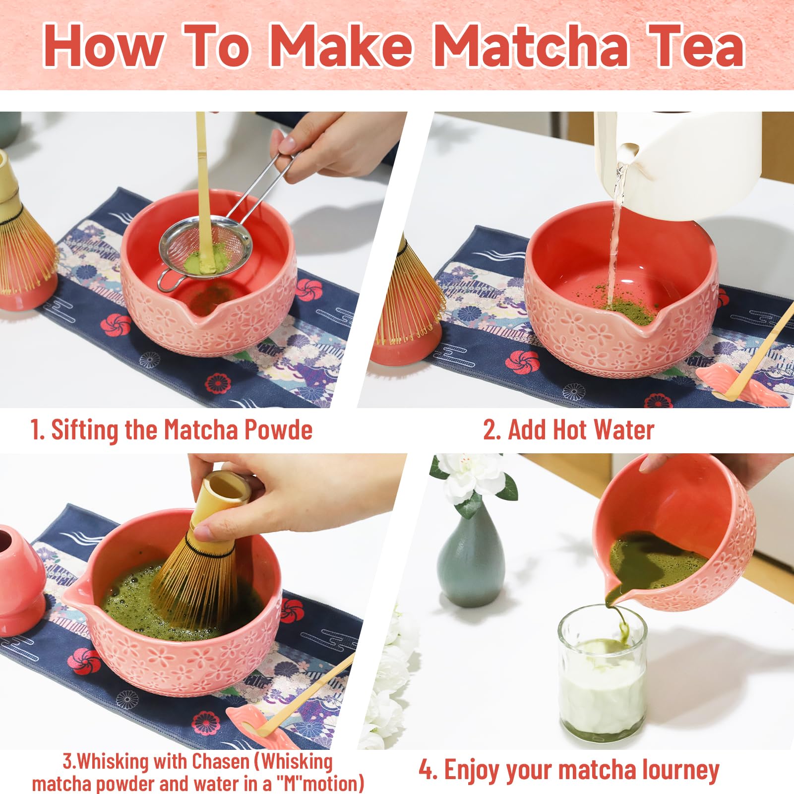 Kit Te Matcha de Cerámica 7 Piezas, Matcha Set con Cuenco de Matcha, Cuchara, Colador, Batidor, Portacucharasy Soporte para la Batidora, Kit Matcha Completo, Regalo para Navidad y Cumpleaños