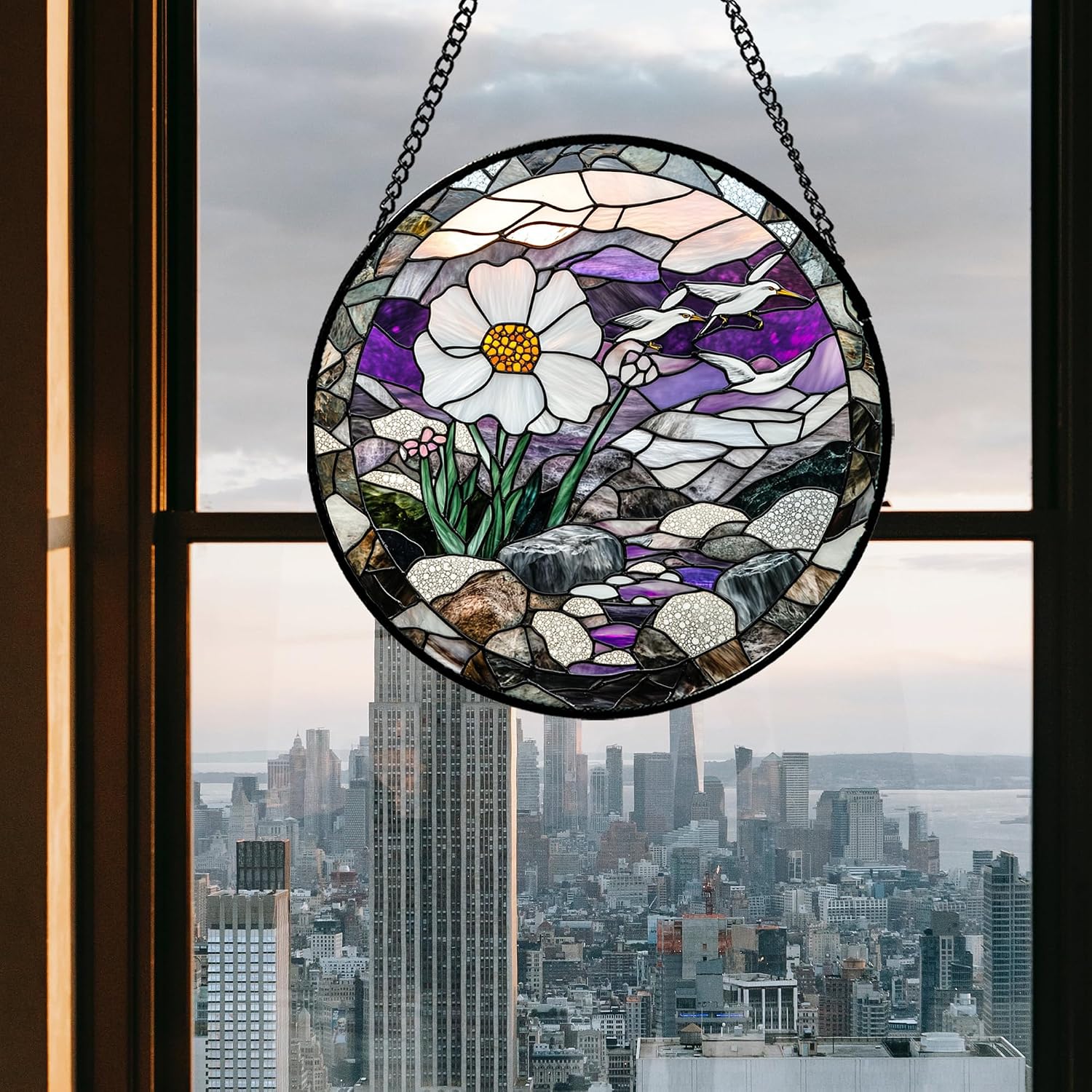 Stained Glass Window Hanging - White Flower Bird Suncatcher for Doors Garden Patio Wildflowers Sun Catchers Decor Christmas Mother's Day Birthday Gifts for Women Men Mom Nana Friend 15 in