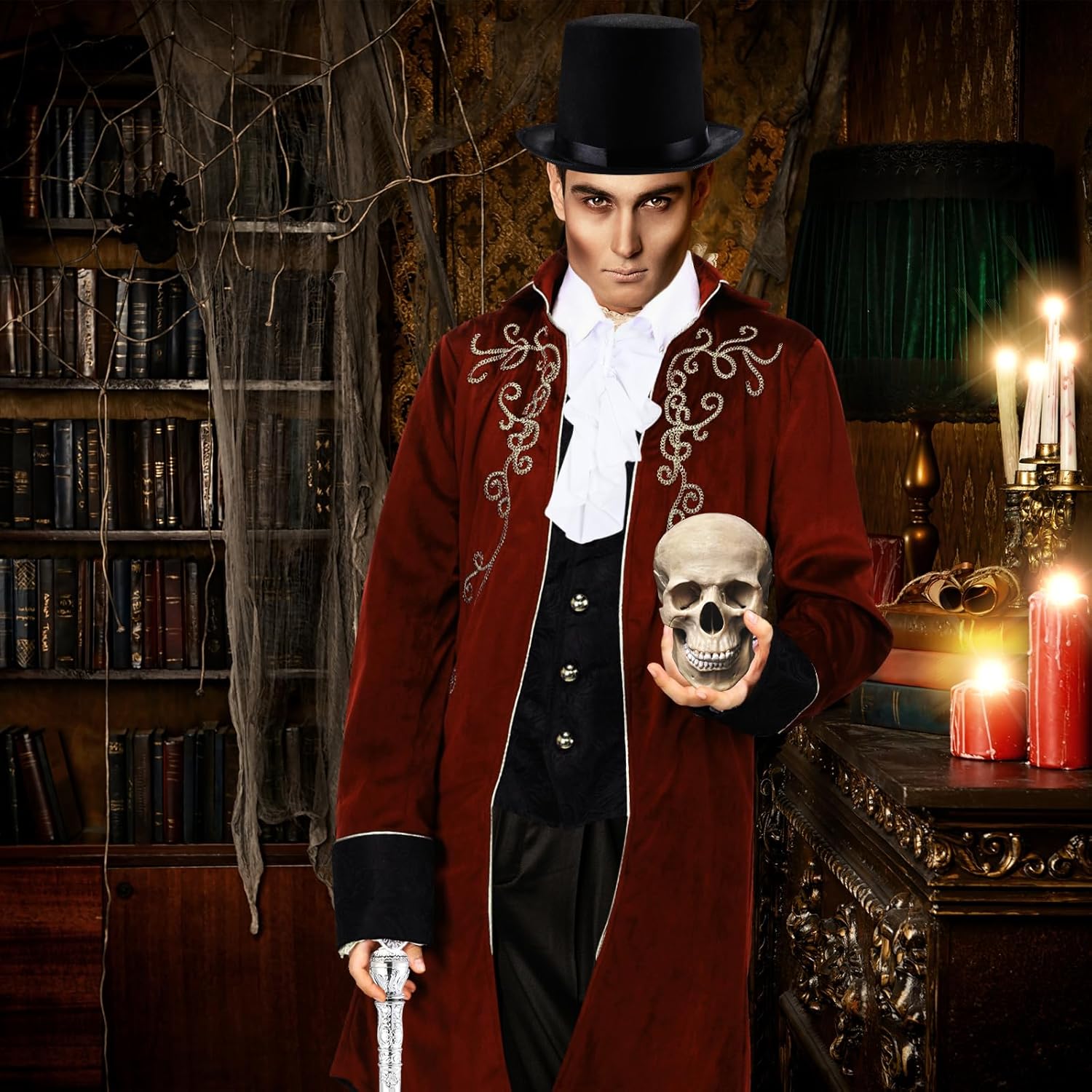 Halloween Men Vampire Costume Adult Male Victorian Tailcoat Jacket, Pirate Shirt, Top Hat, Staff, Fang, Bead
